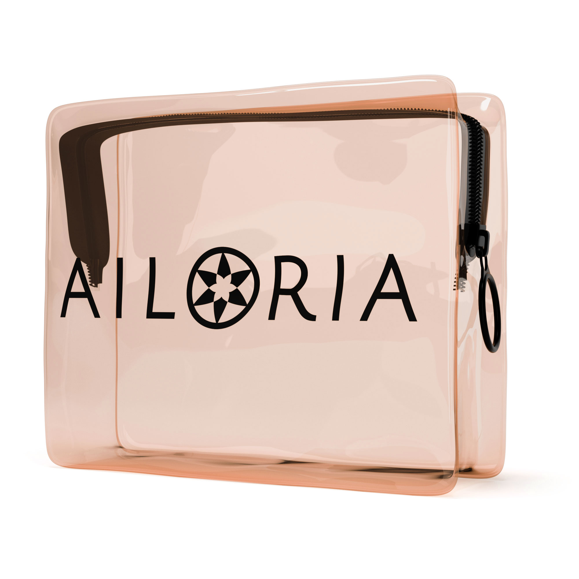Eine transparente, pinkfarbene Make-up-Tasche mit schwarzem Reißverschluss, Marke AILORIA.