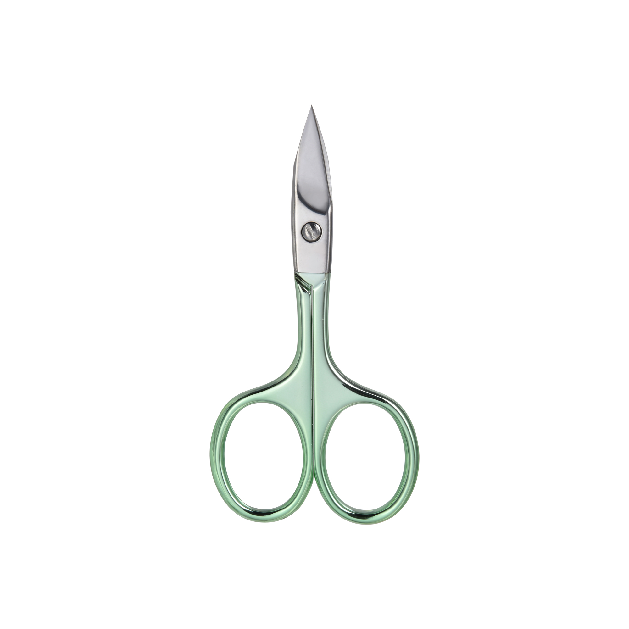 Kleine, grüne Nagelschere auf weißem Hintergrund, mit einer spitzen Spitze.