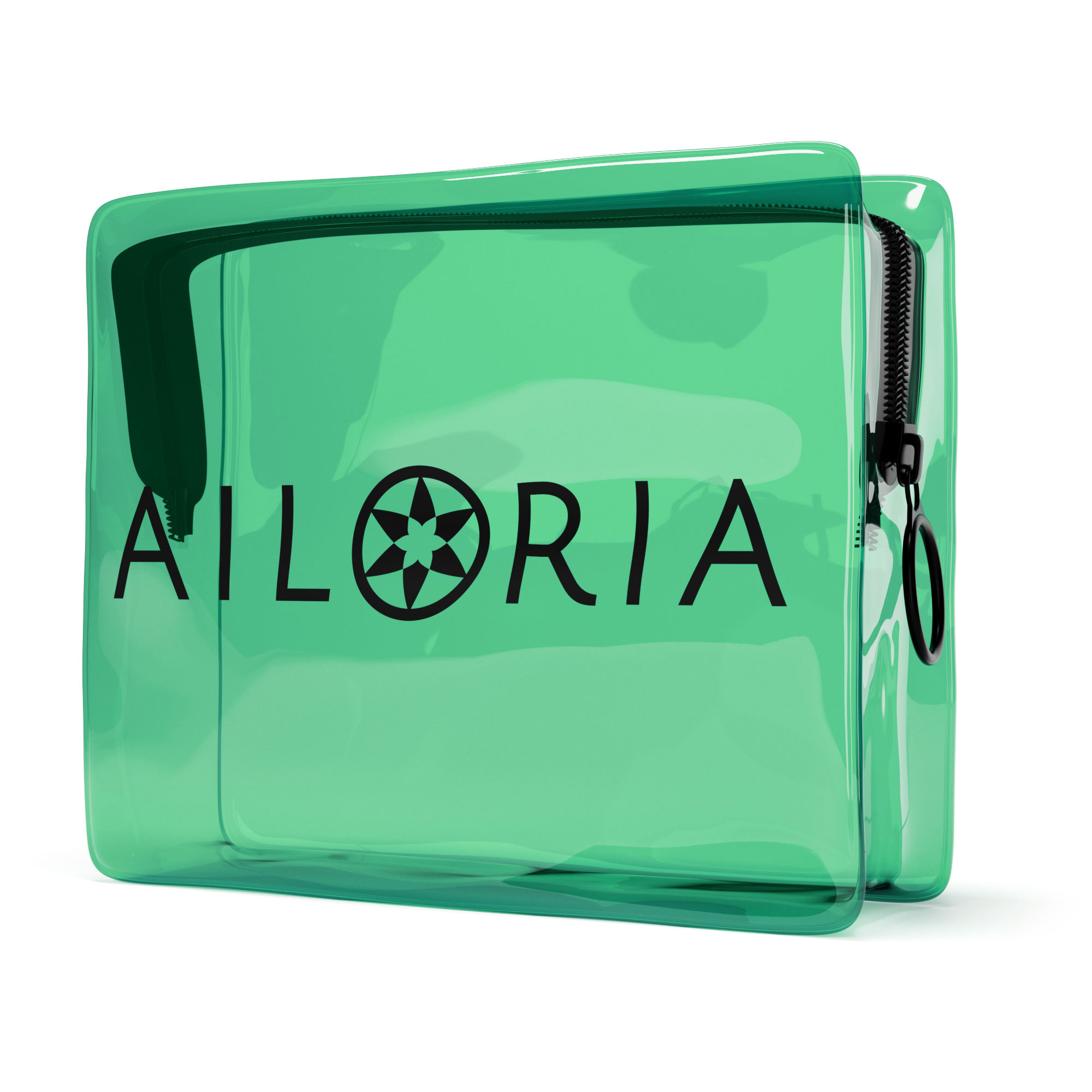 Grüne, transparente AILORIA Kosmetiktasche mit Reißverschluss.