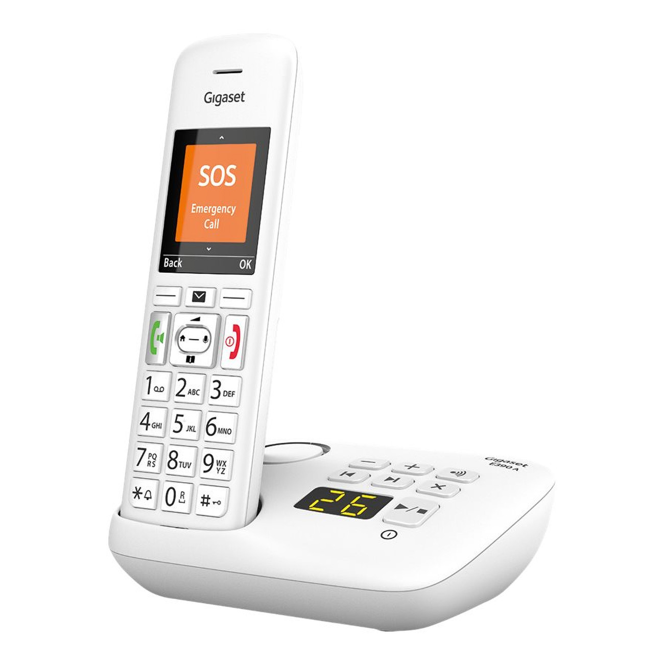 Un teléfono inalámbrico Gigaset blanco con su base de carga. La pantalla lee SOS.
