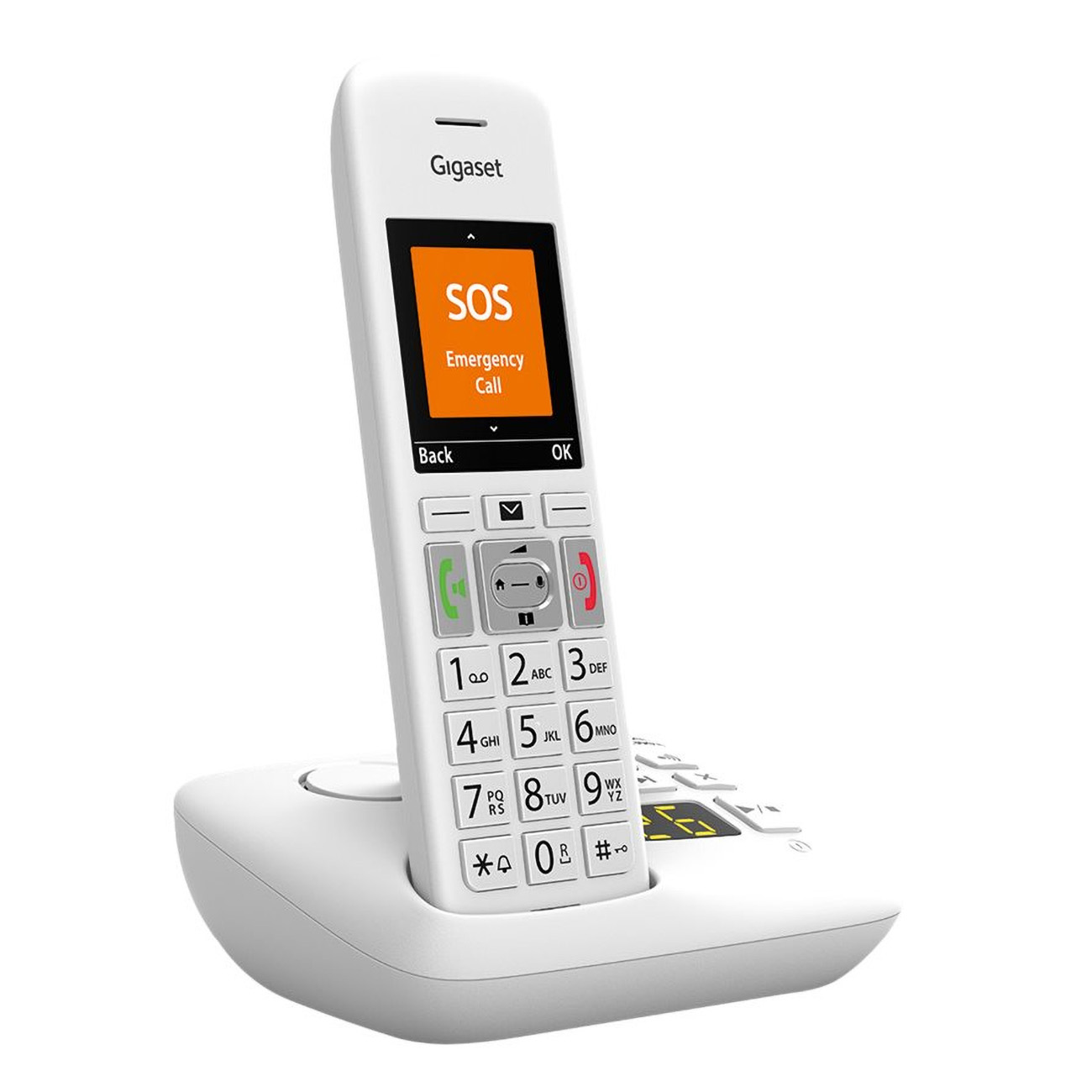 Teléfono inalámbrico Gigaset blanco sobre una base blanca, con botón de llamada de emergencia SOS.