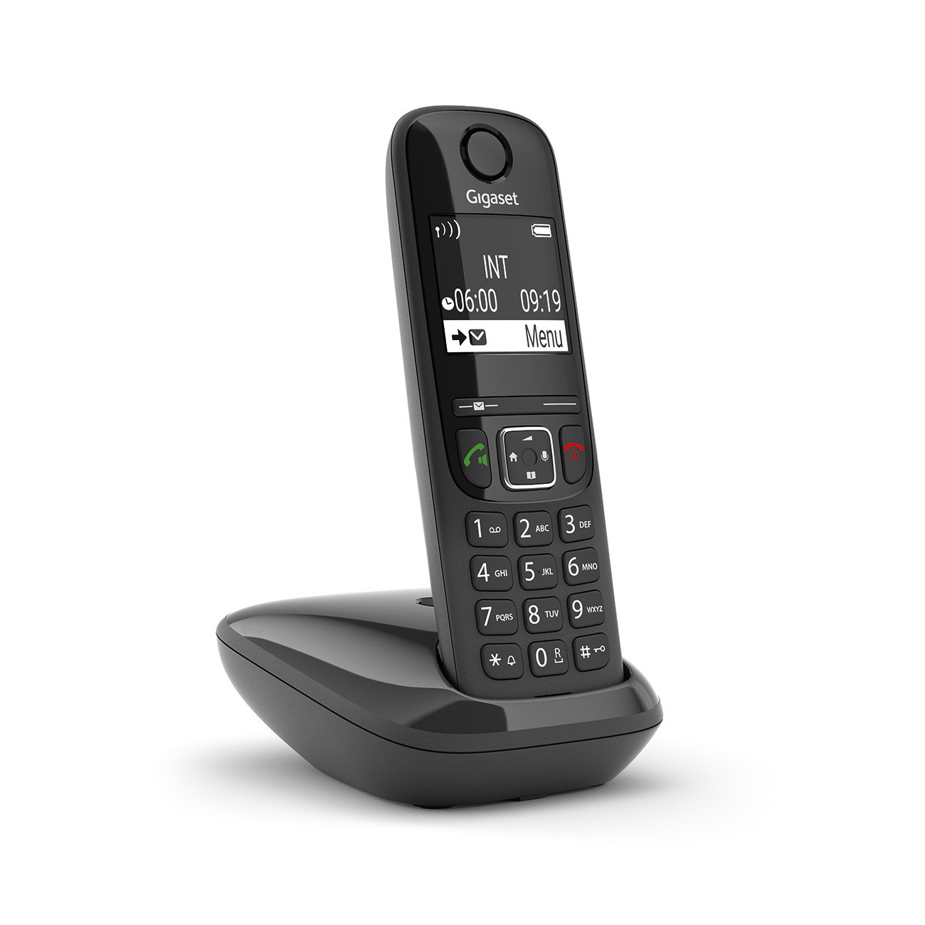 Un teléfono inalámbrico negro sobre una base. La pantalla muestra la hora, la palabra 'Menú' y otros iconos.