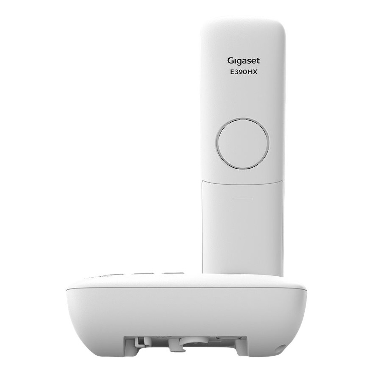 Teléfono inalámbrico blanco con base. La marca Gigaset es visible. Diseño simple.