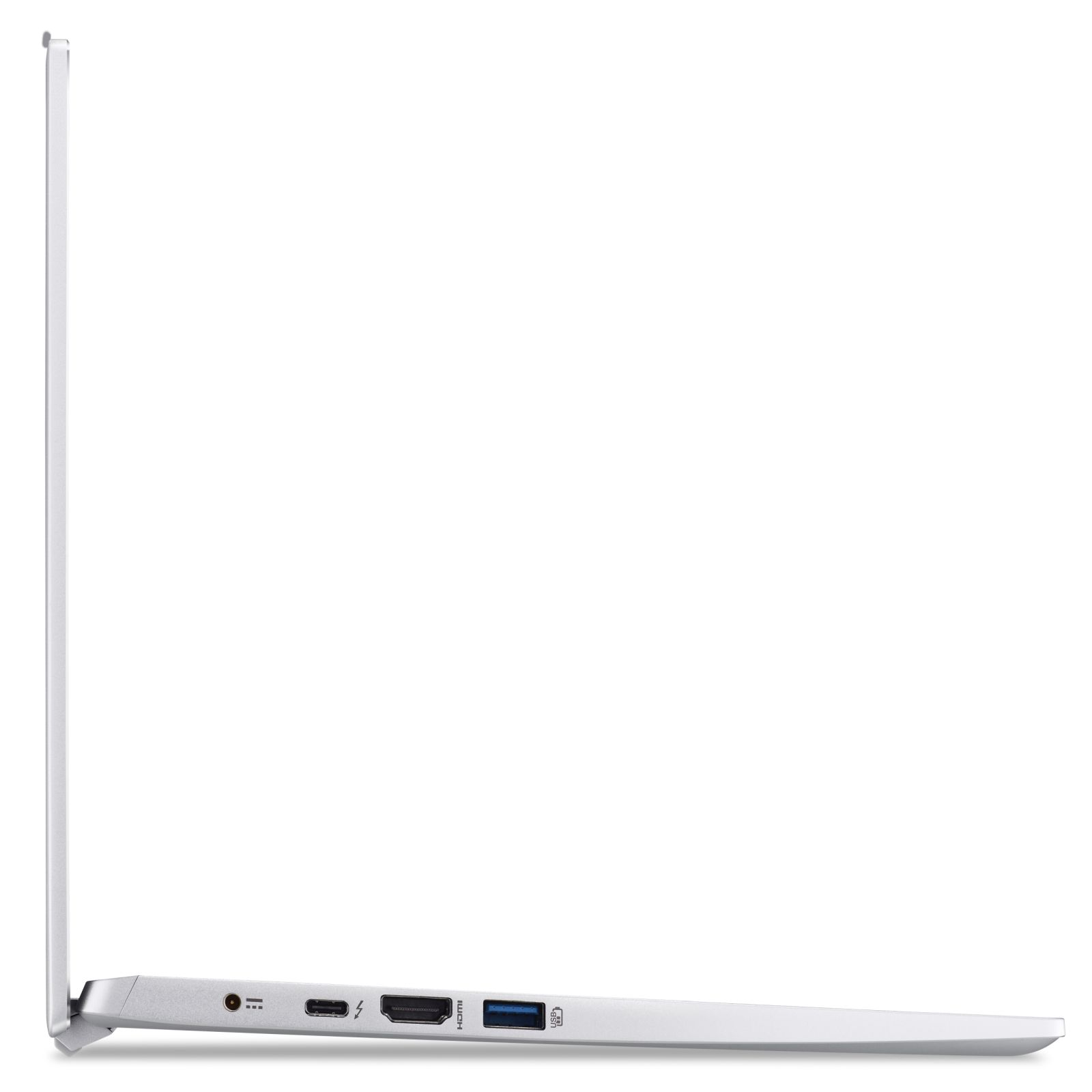 Silberner Laptop von der Seite, Anschlüsse sichtbar. Sauberer weißer Hintergrund.