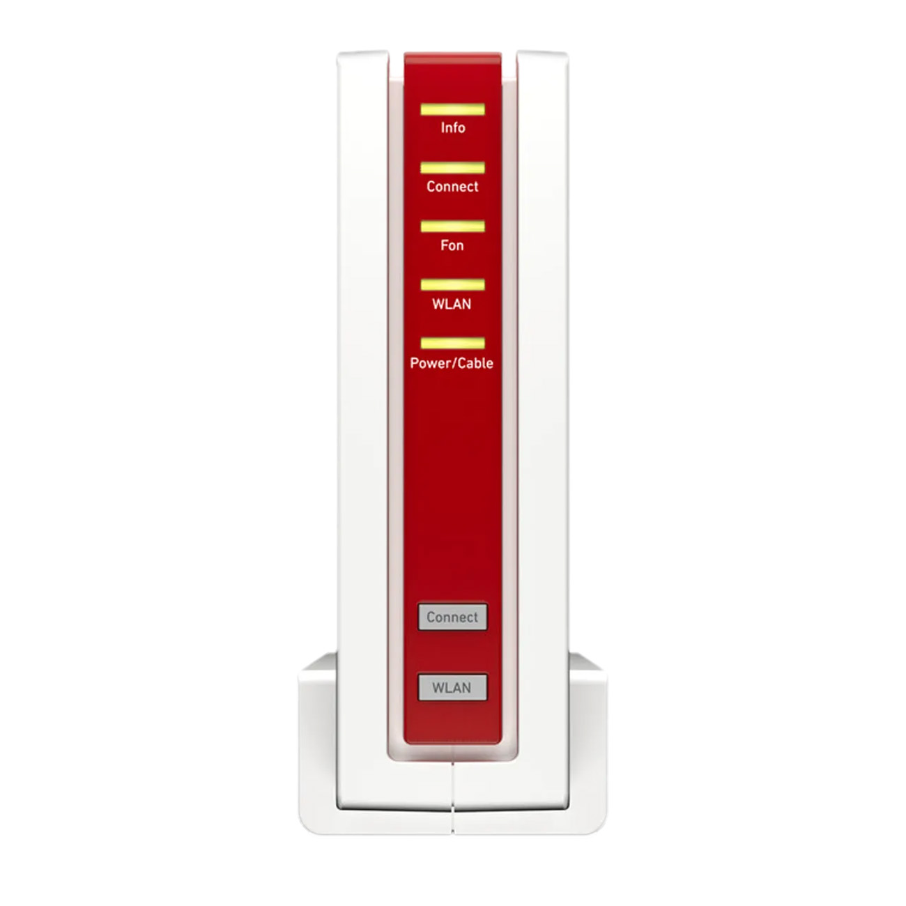 Biało-czerwony router. Diody LED z przodu. Białe tło.