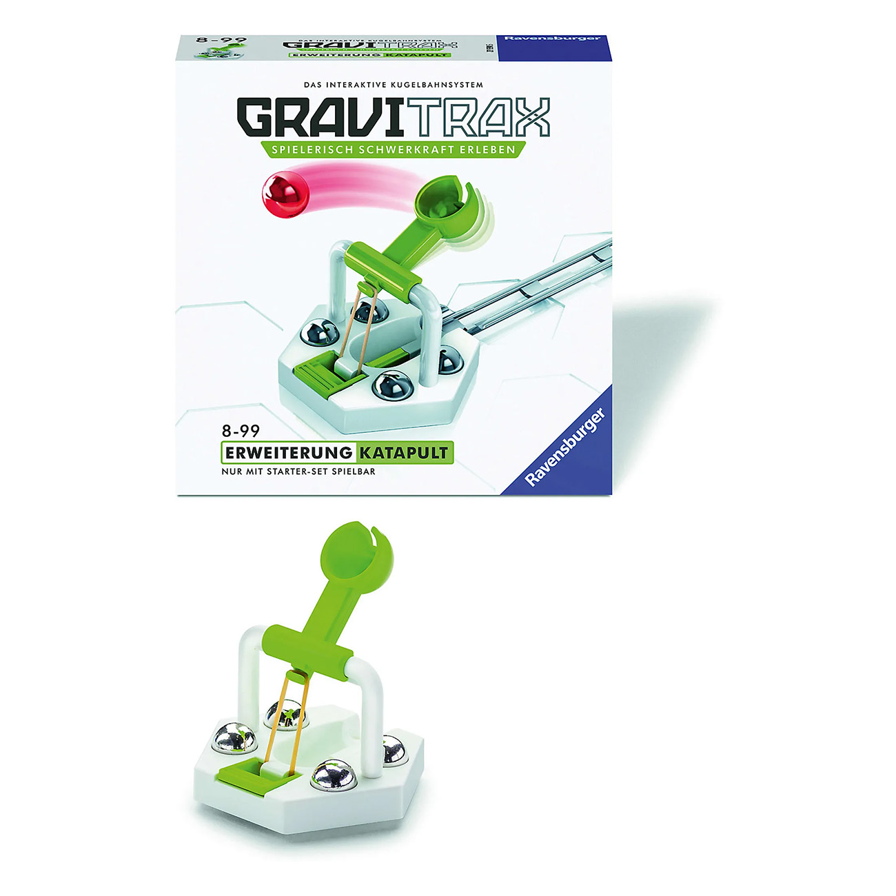 Karton mit GraviTrax-Spiel und Katapult-Struktur auf Weiß.