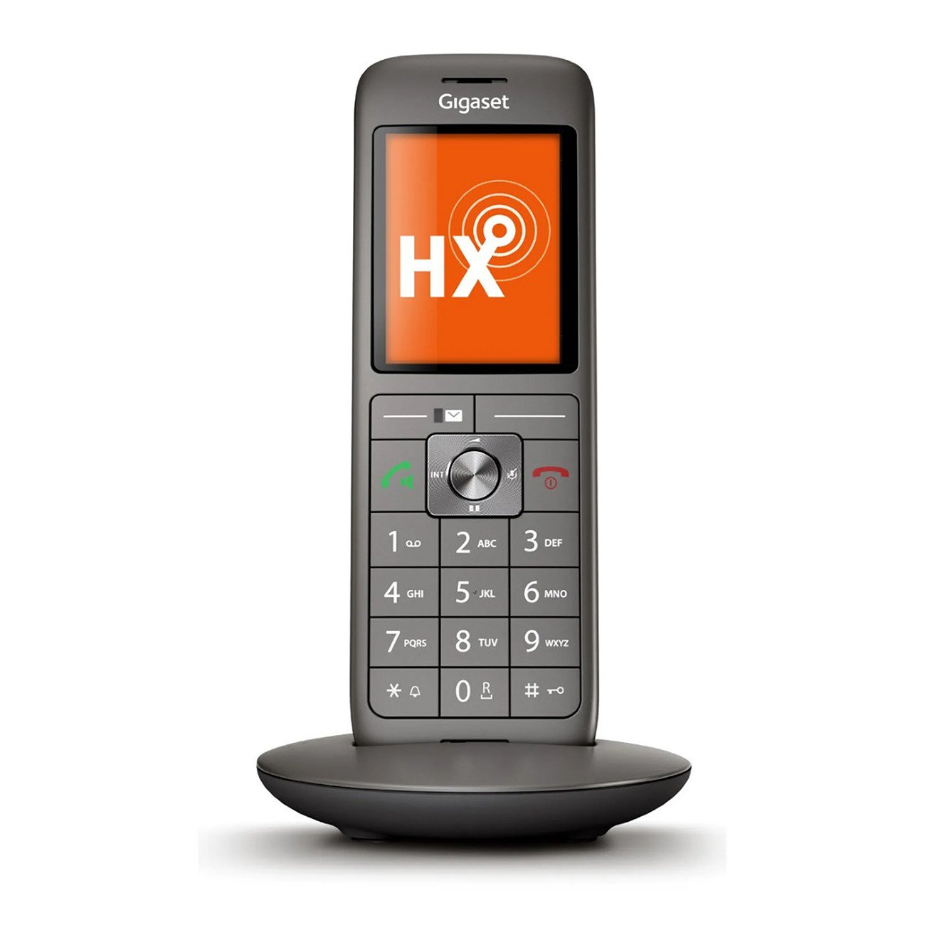Teléfono inalámbrico gris con pantalla naranja, sobre una base de carga.