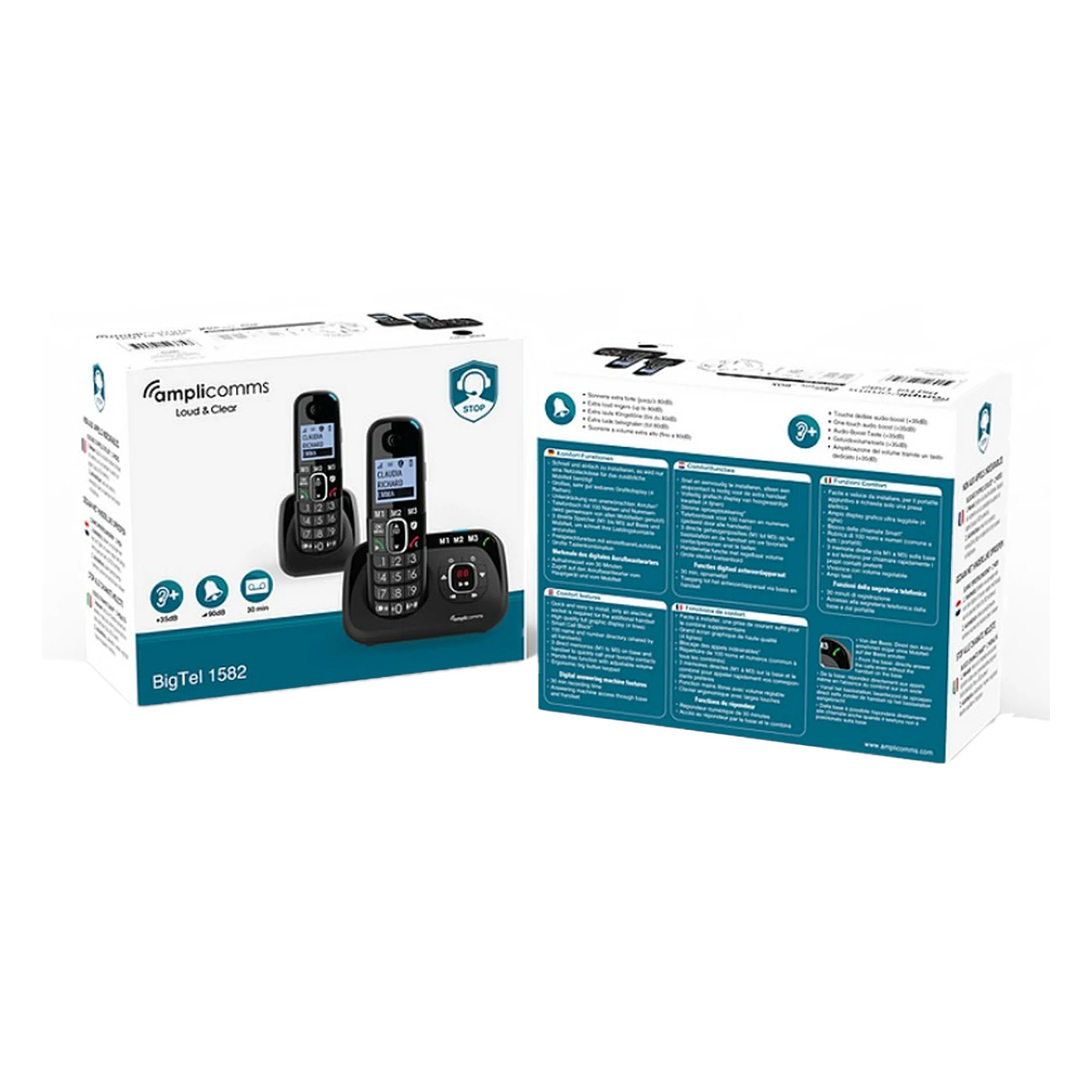 Zwei Kartons eines BigTel 1582-Telefonsets, die das Telefon und seine Basisstation zeigen.