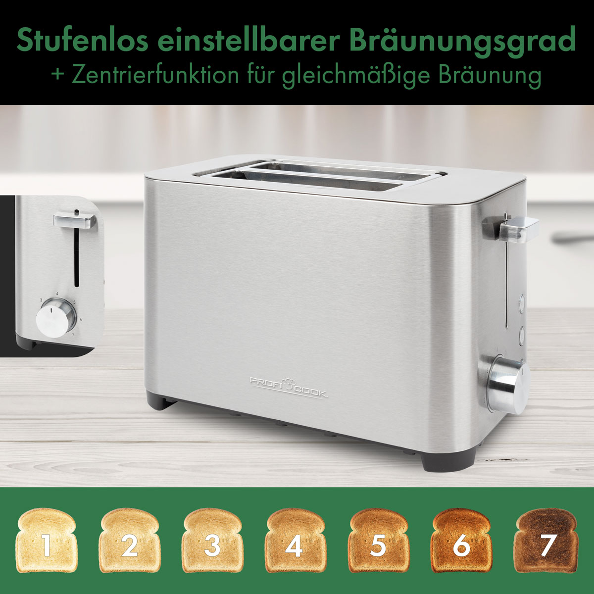 Ein silberner Toaster mit Bräunungsoptionen. Sieben Toastscheiben zeigen verschiedene Bräunungsgrade.