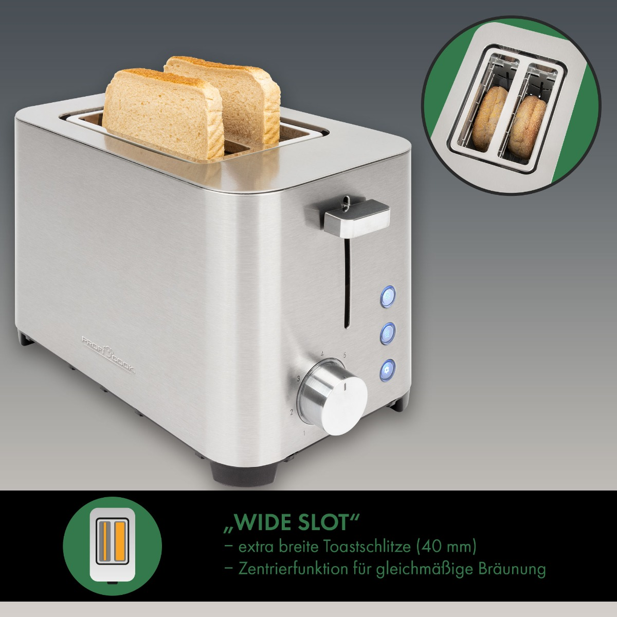 Toaster aus Edelstahl mit zwei Brotscheiben, Bedienfeld und breiten Schlitzen.