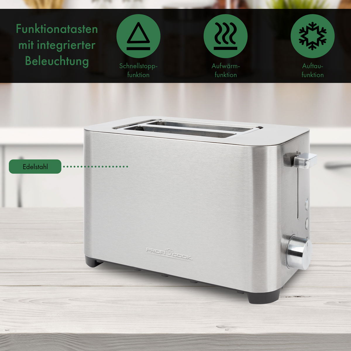 Ein Edelstahl-Toaster auf einem Holztisch. Er hat Funktionstasten und steht neben einer Küche.