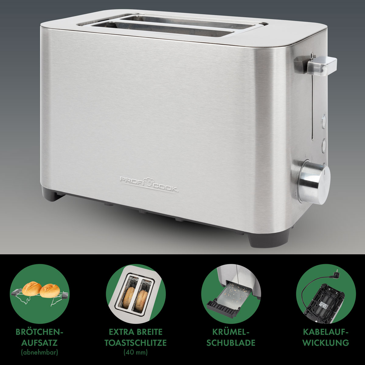 Ein silberner Toaster mit Symbolen unten, die Funktionen zeigen. Krümelschublade, extra breite Schlitze.
