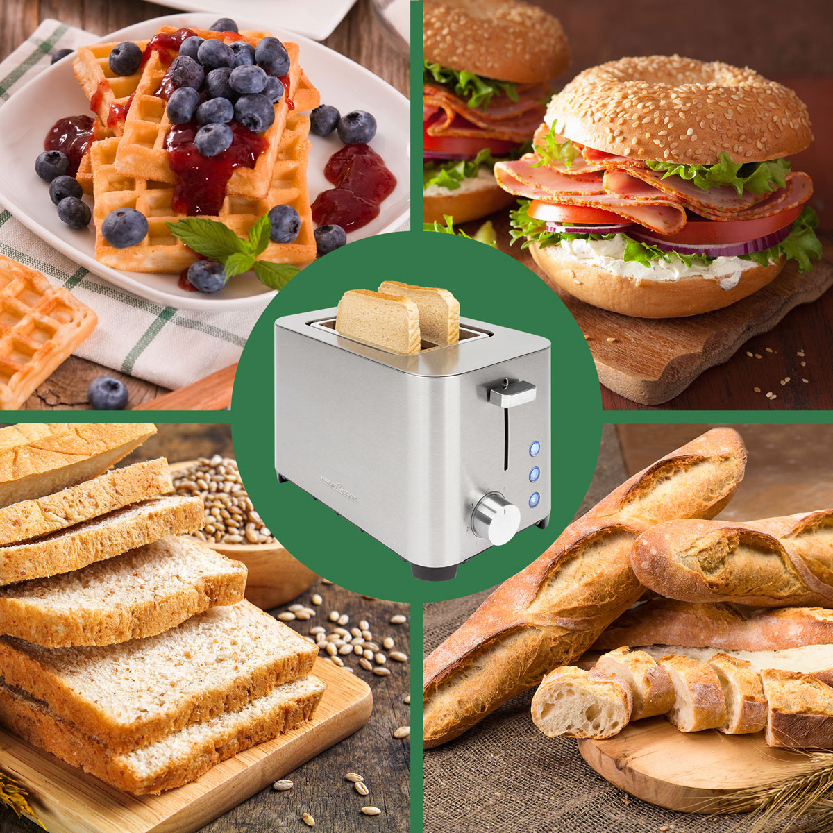 Verschiedene Lebensmittel: Waffeln mit Blaubeeren und Marmelade, Sandwich, Toaster mit Brot und Brotscheiben.