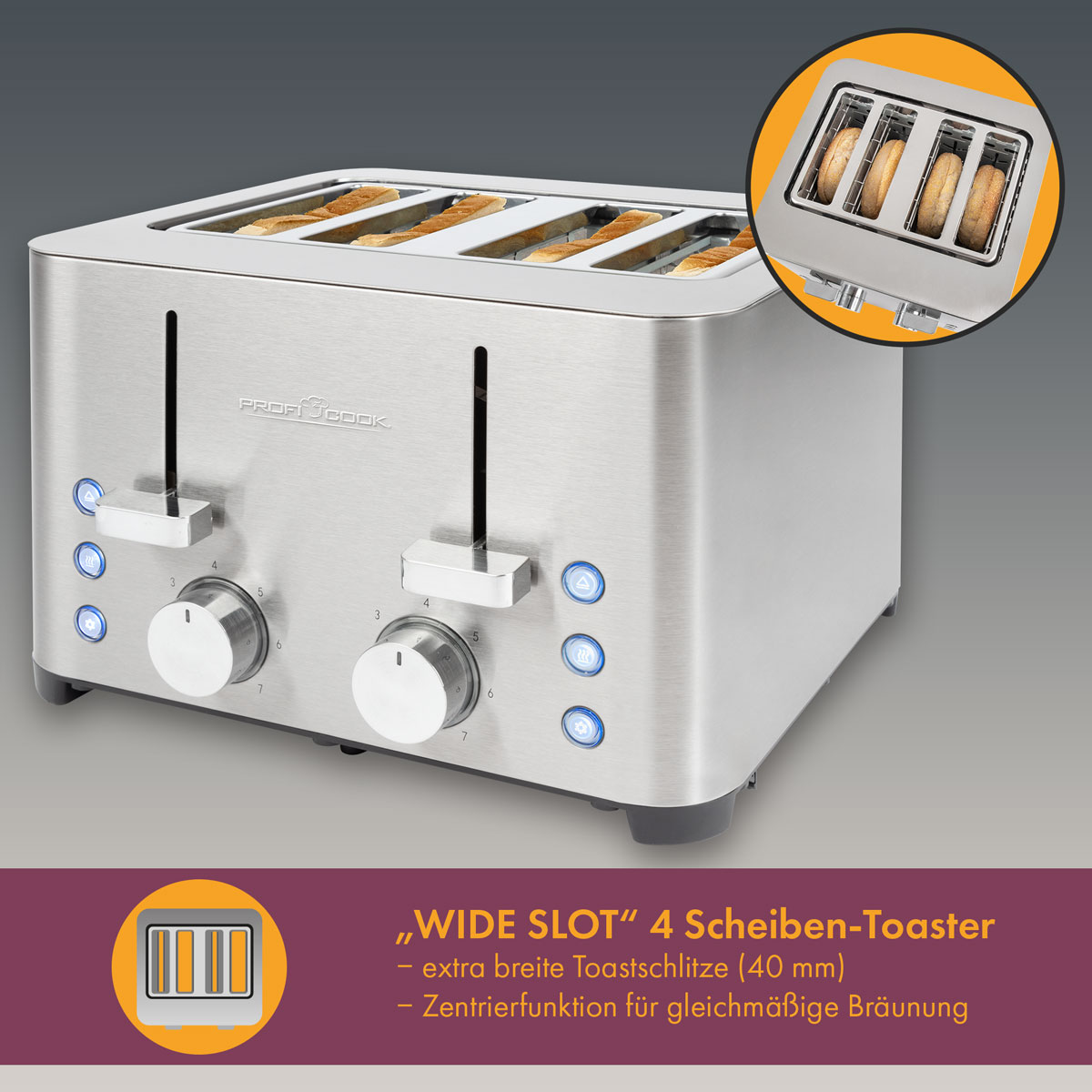 Toaster Silber 2) PC-TA 1252 (1500 PROFICOOK Watt, Schlitze: