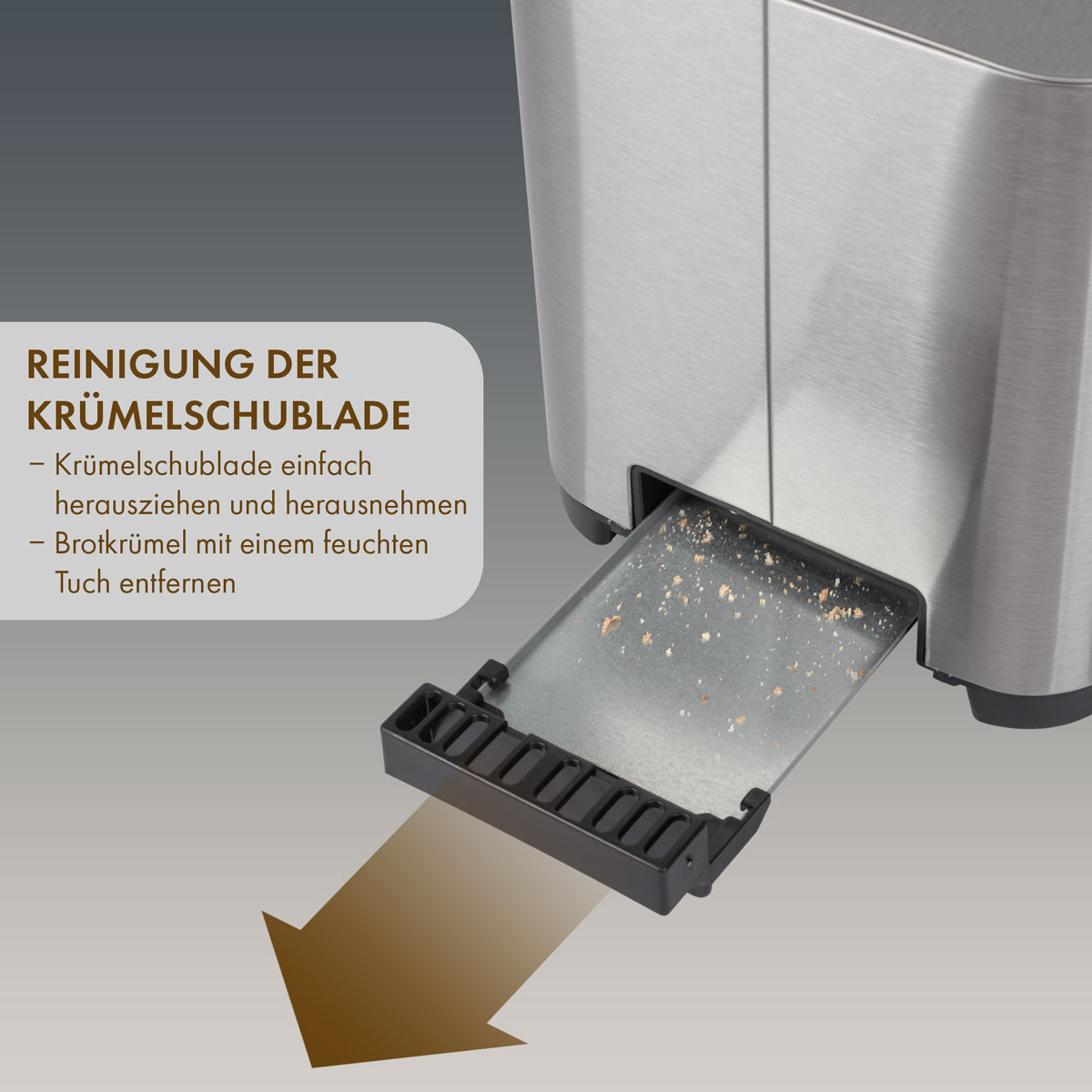 Toster z wyjmowaną tacką na okruchy. Tekst w języku niemieckim opisuje czyszczenie.