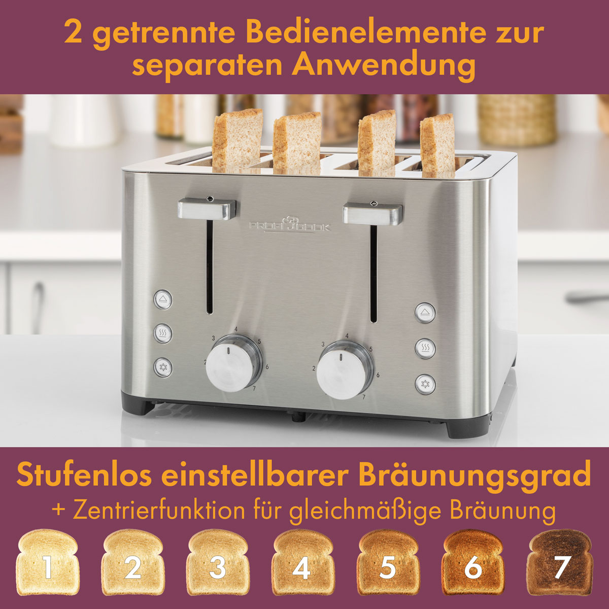 Toaster Silber 2) PC-TA 1252 (1500 PROFICOOK Watt, Schlitze:
