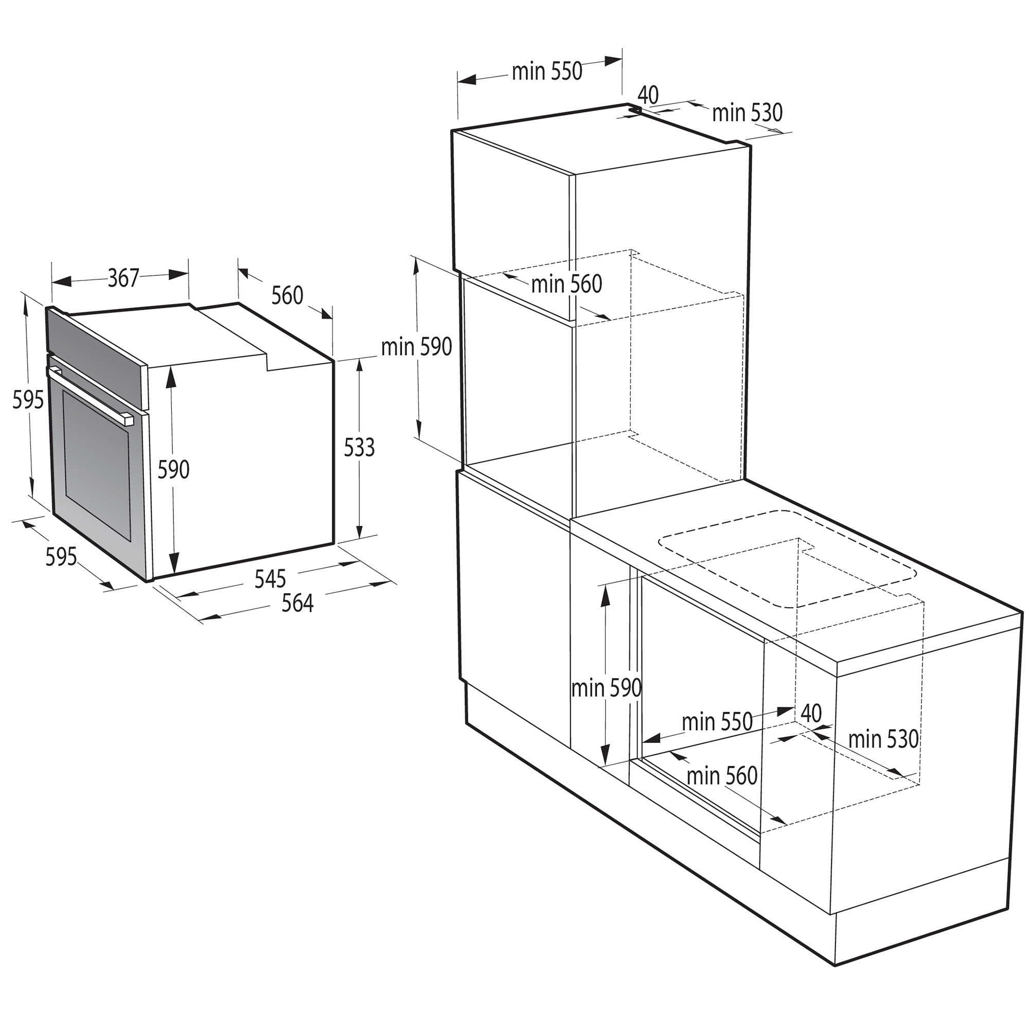 Diagramm einer Küche mit Ofen, Schränken und Abmessungen.