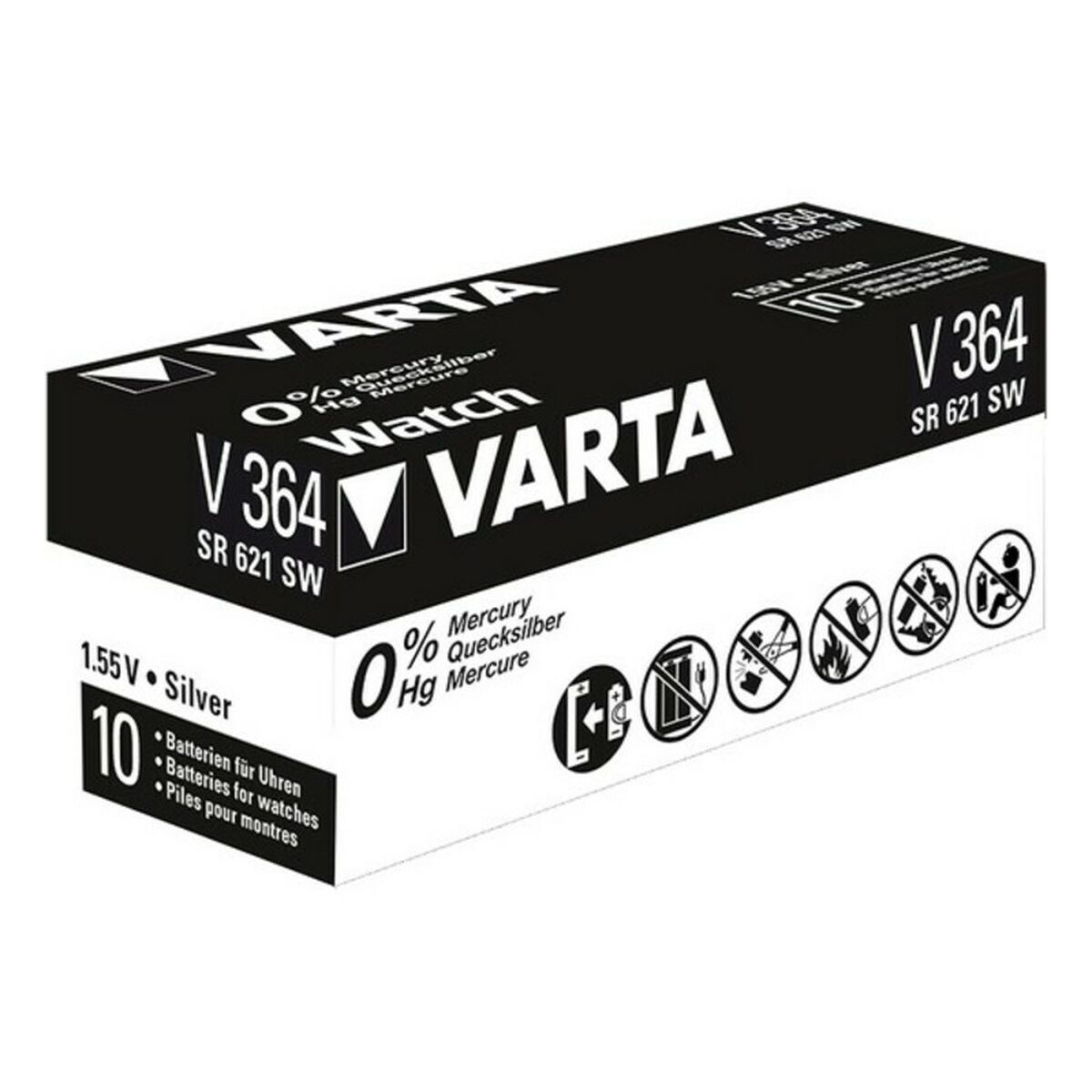Caja de pilas de reloj VARTA V364 SR621SW. Blanco y negro con texto y advertencias.
