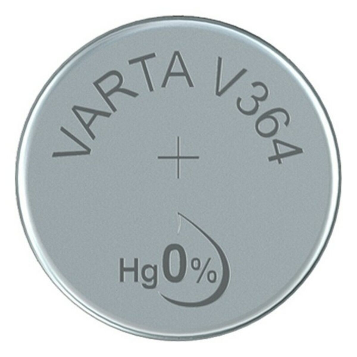 Pila Varta V364 plateada. Símbolos positivo y Hg 0% en la parte delantera. Fondo gris.