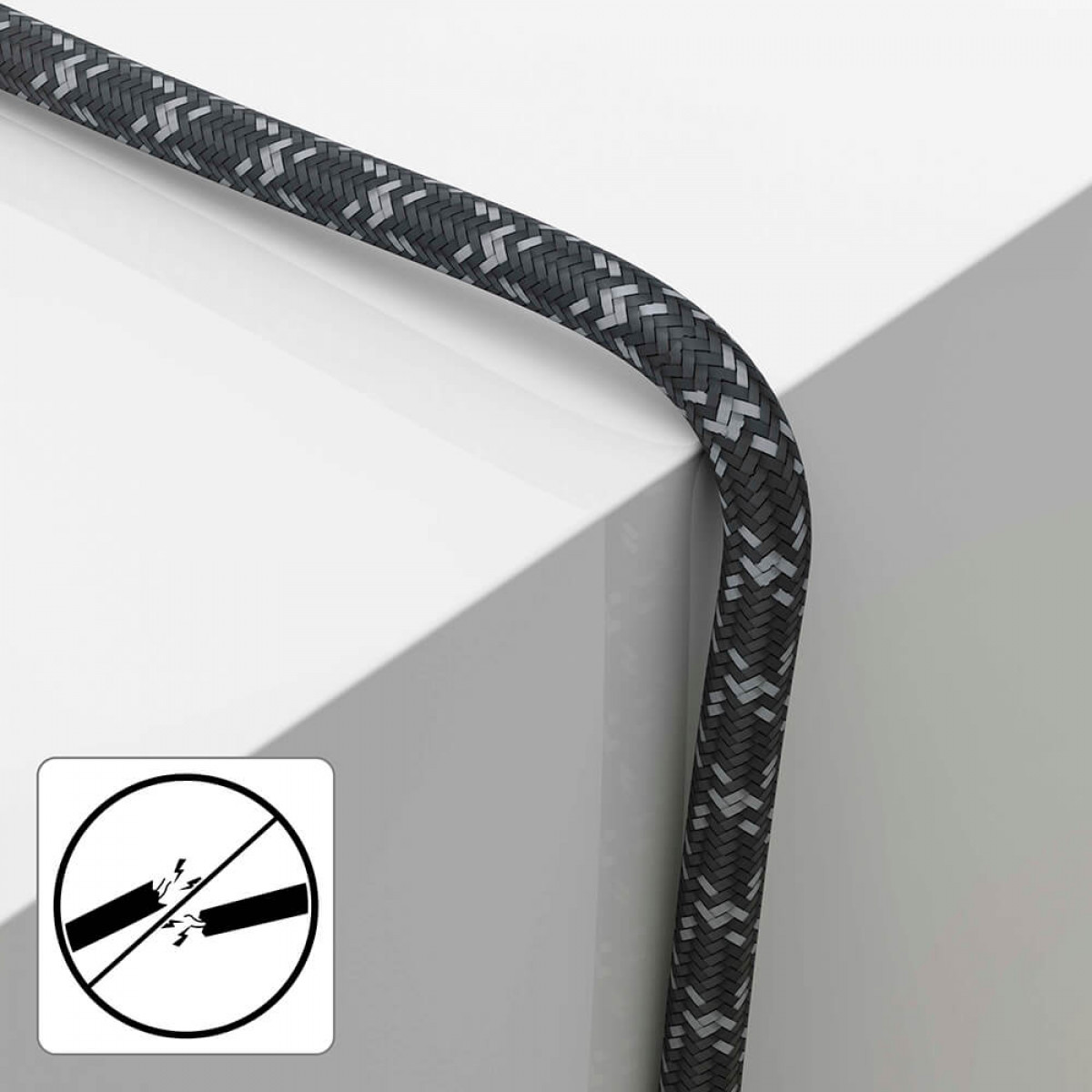 Czarny i szary pleciony kabel ze znakiem „nie pęka” i białym tłem.