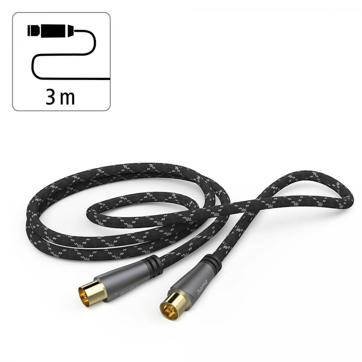 Cable coaxial negro y gris con conectores y un indicador de longitud de 3 m.