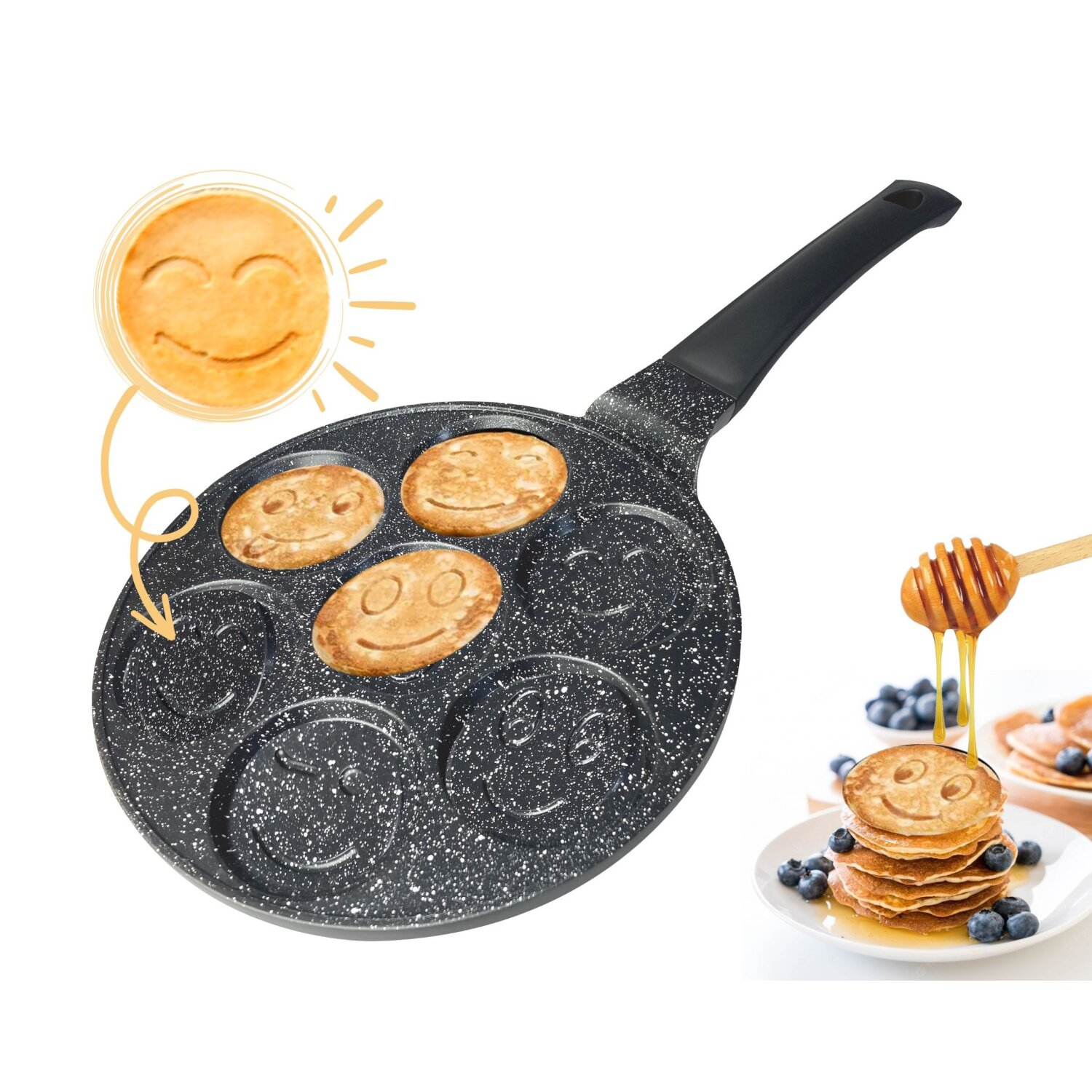 Pfannkuchenpfanne mit Smiley-Gesichtern. Honig wird auf Pfannkuchen auf einem Teller gegossen.
