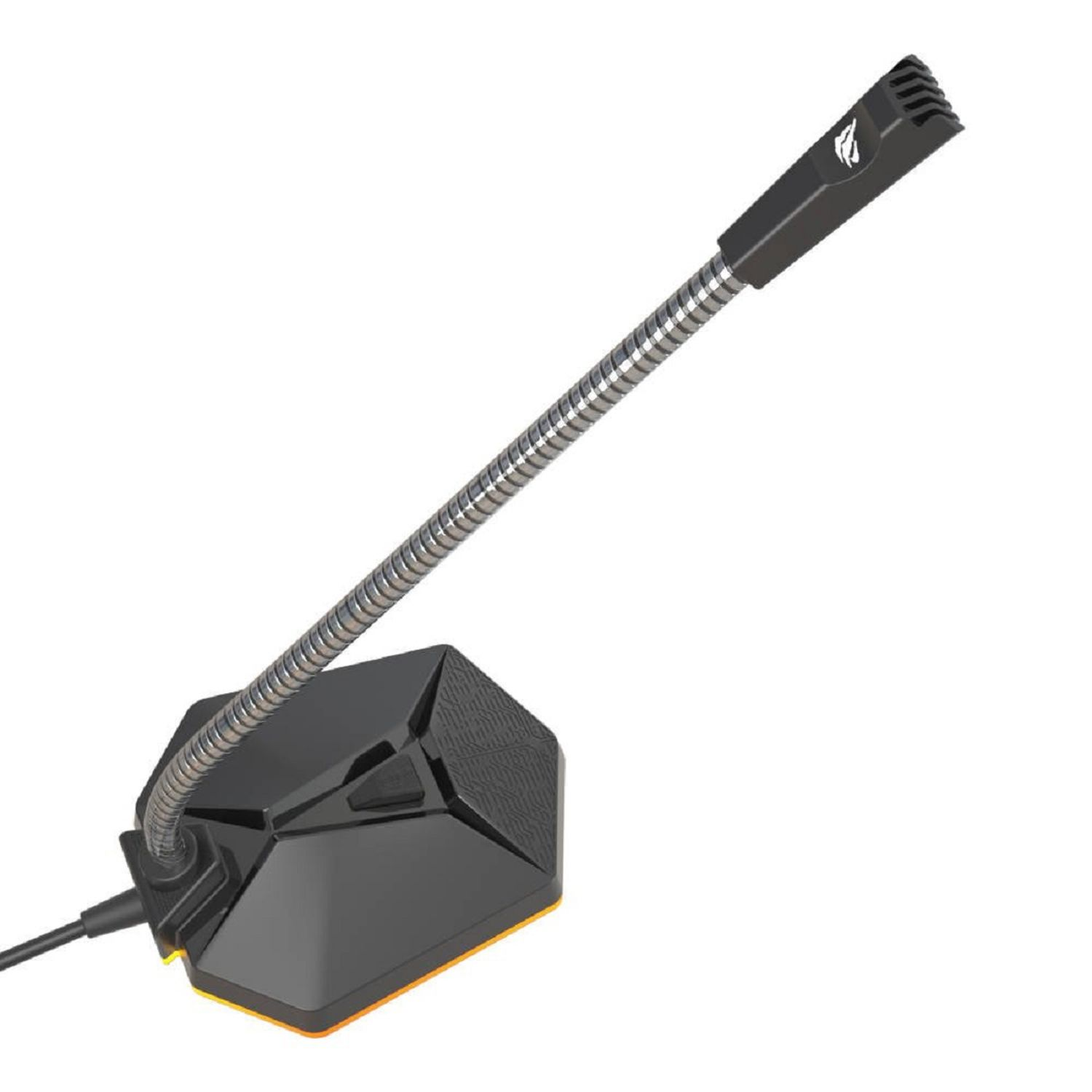 Ein Mikrofon auf einem Ständer. Der Ständer ist schwarz mit einem silbernen, flexiblen Arm.