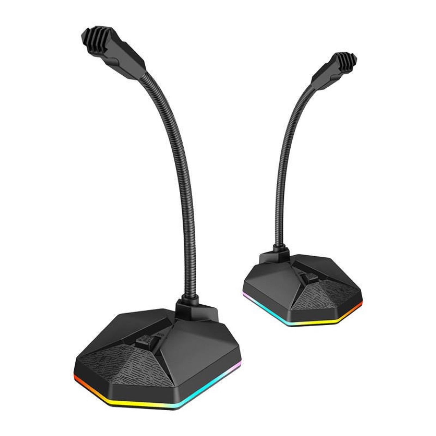 Zwei schwarze Mikrofone mit flexiblen Hälsen auf weißer Oberfläche. Bunte Basislichter.