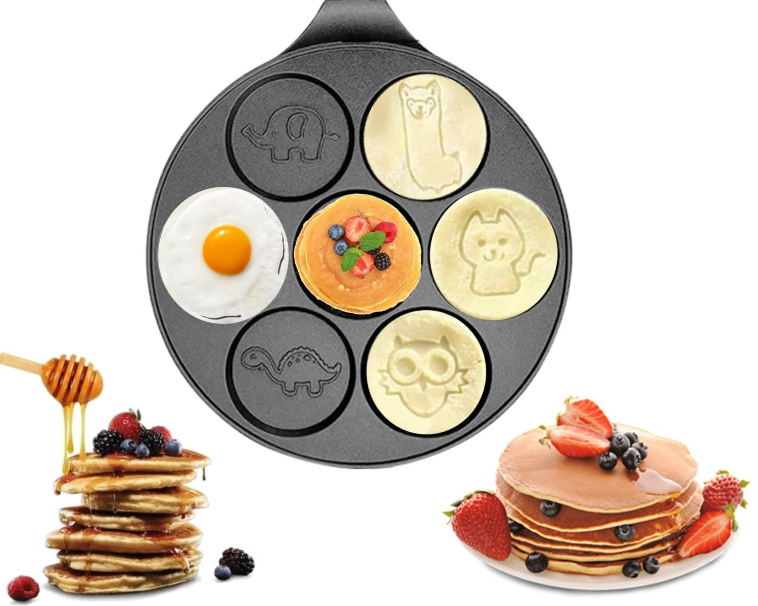 Pfannkuchenpfanne mit Tierformen, Pfannkuchen und Belägen. Weißer Hintergrund.