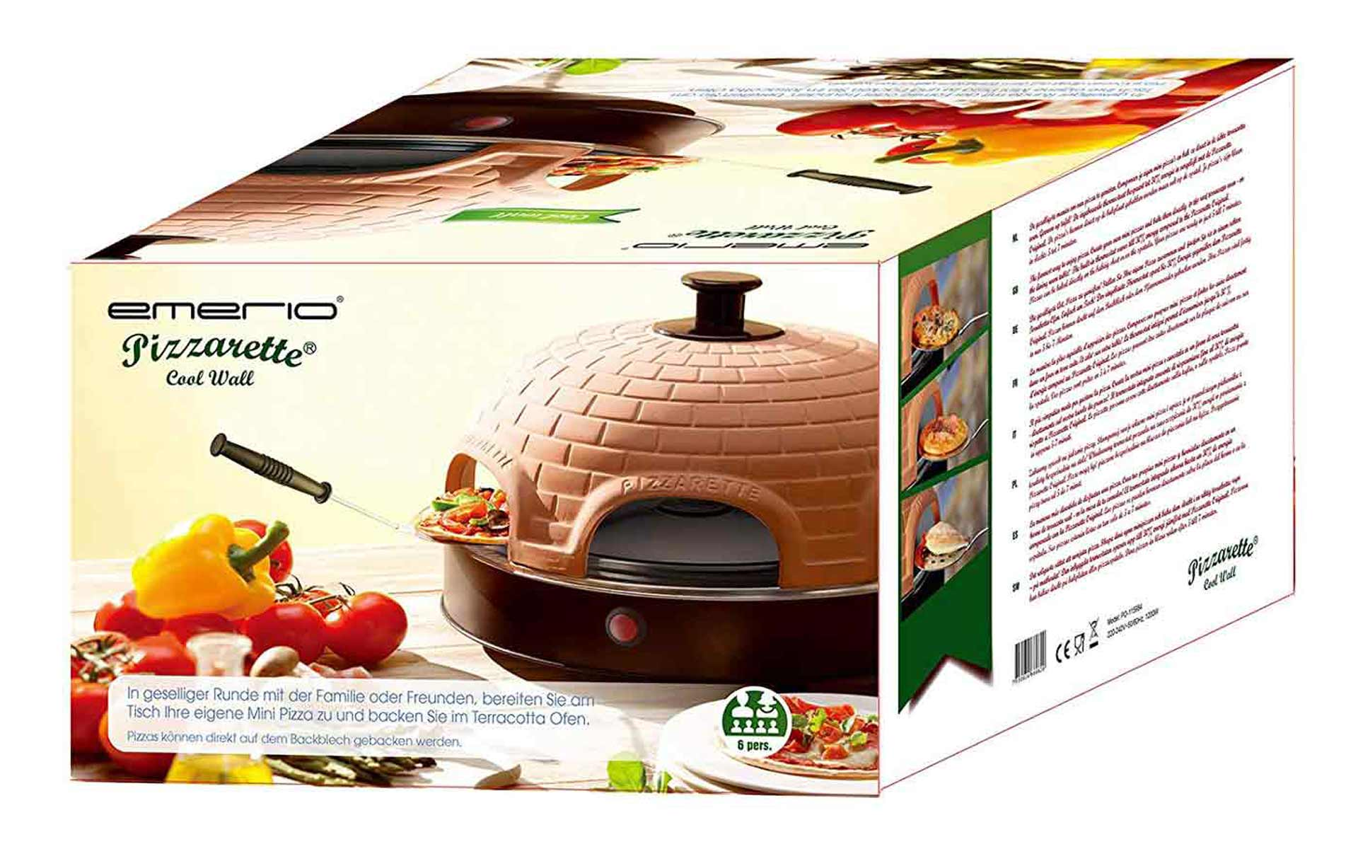 Un forno per pizza con una scatola. Il forno è marrone e ha il nome Pizzarette.