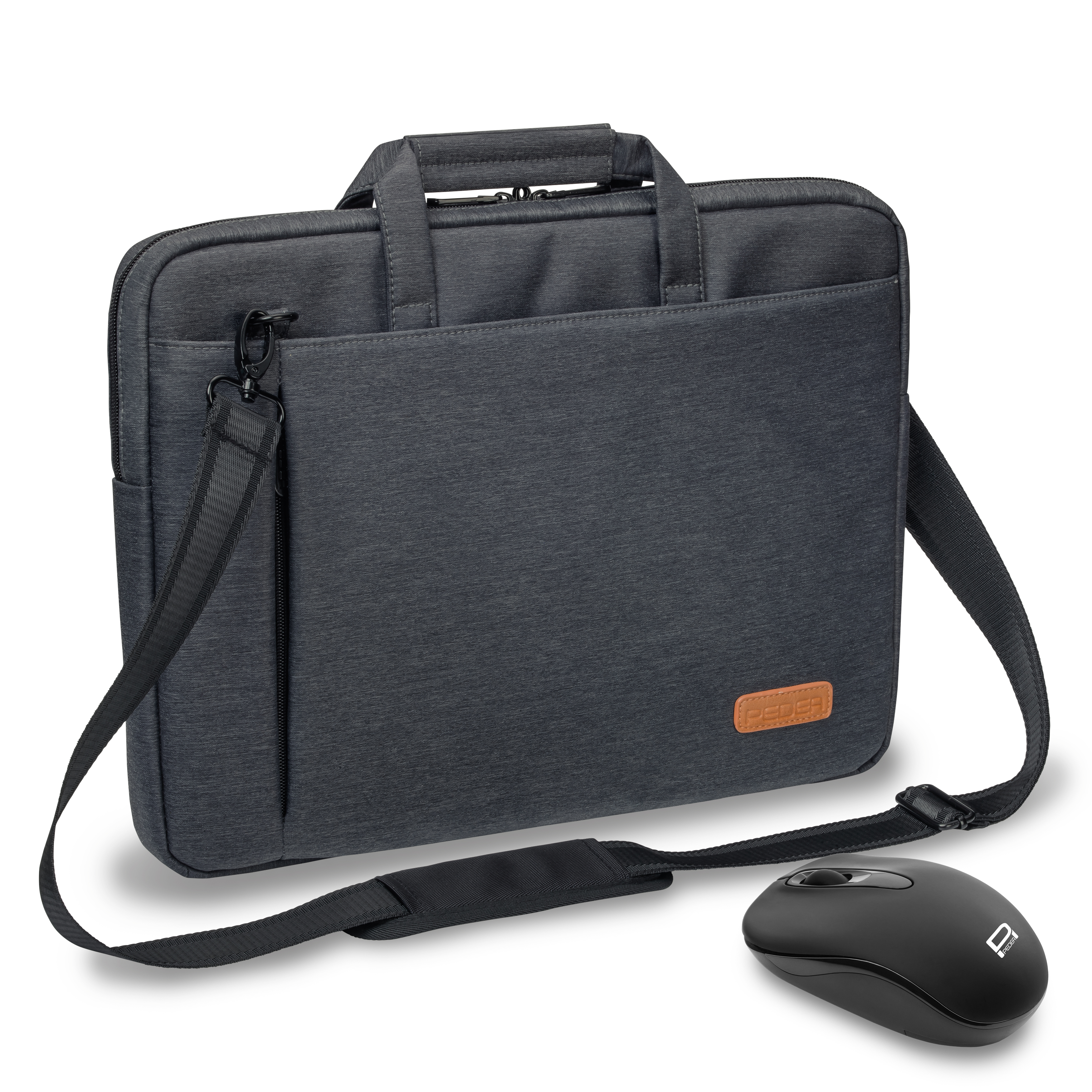 Graue Laptoptasche mit schwarzer Maus. Die Tasche hat einen Griff und einen Schultergurt. Maus hat ein Logo.