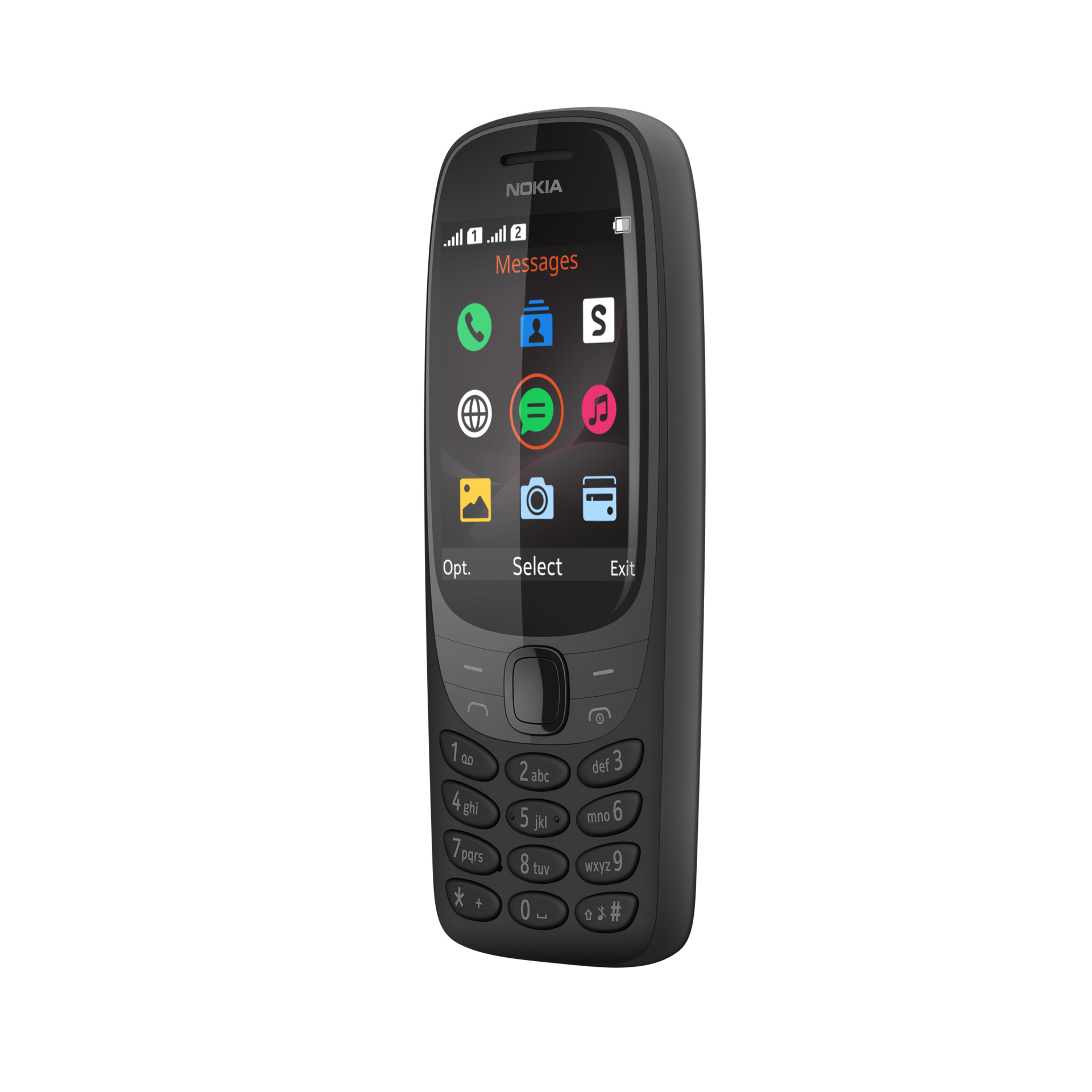 Ein schwarzes Nokia-Telefon mit Farbbildschirm, der App-Symbole anzeigt, auf weißem Hintergrund.