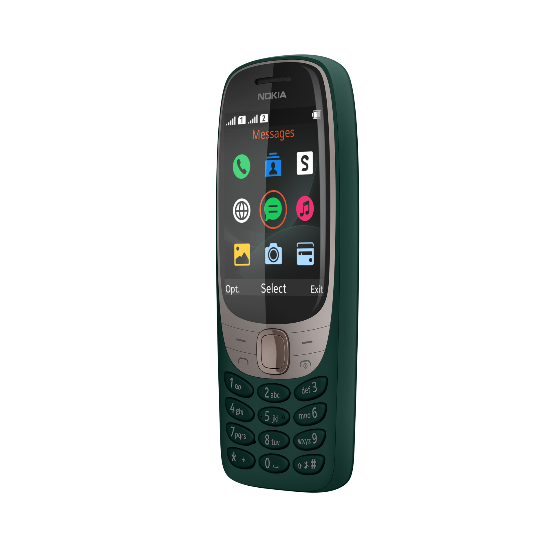 Teléfono Nokia verde oscuro con teclado, mostrando una interfaz de mensajes.