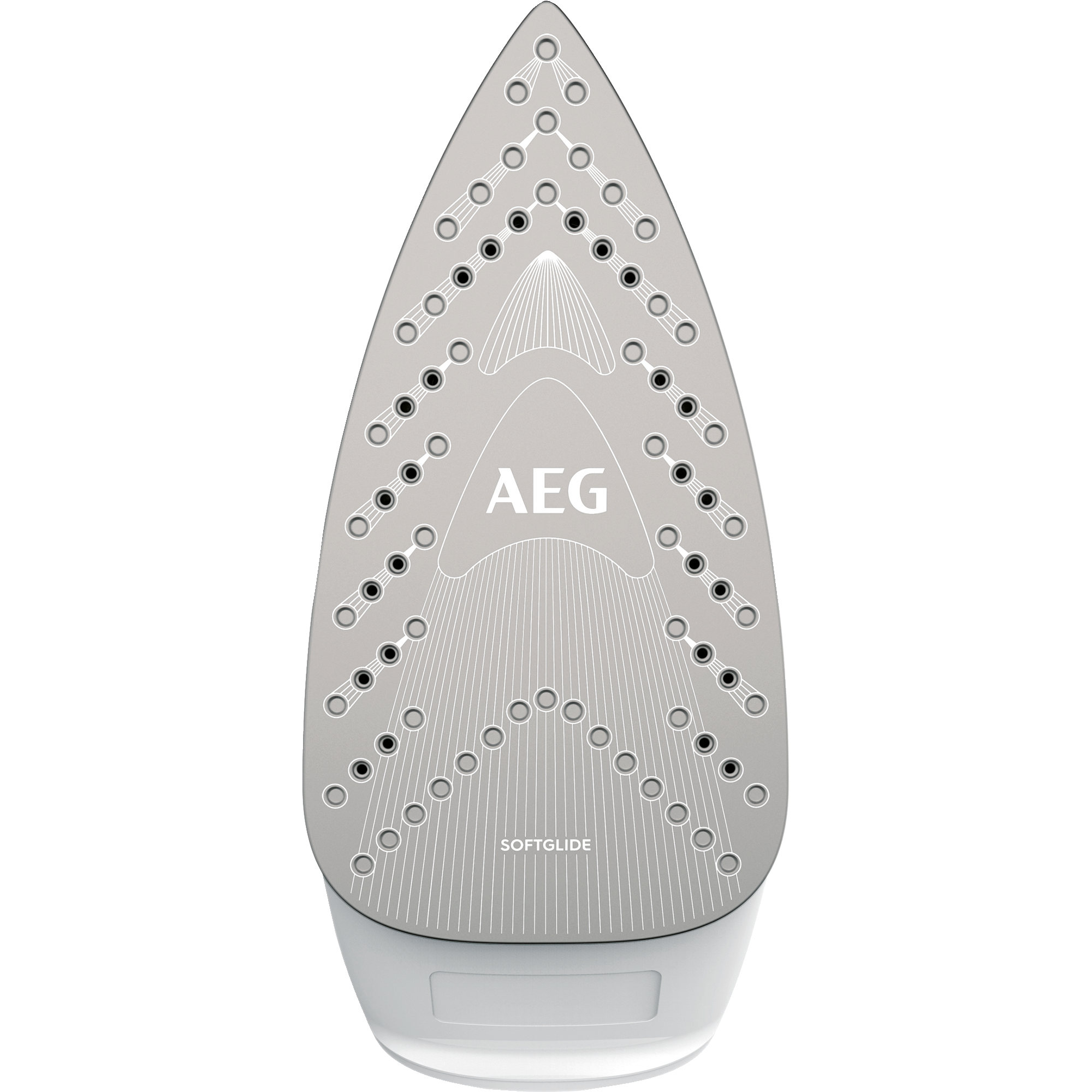 Zbliżenie szarej płyty żelazka. Logo AEG jest wyśrodkowane. Płyta ma otwory i linie.