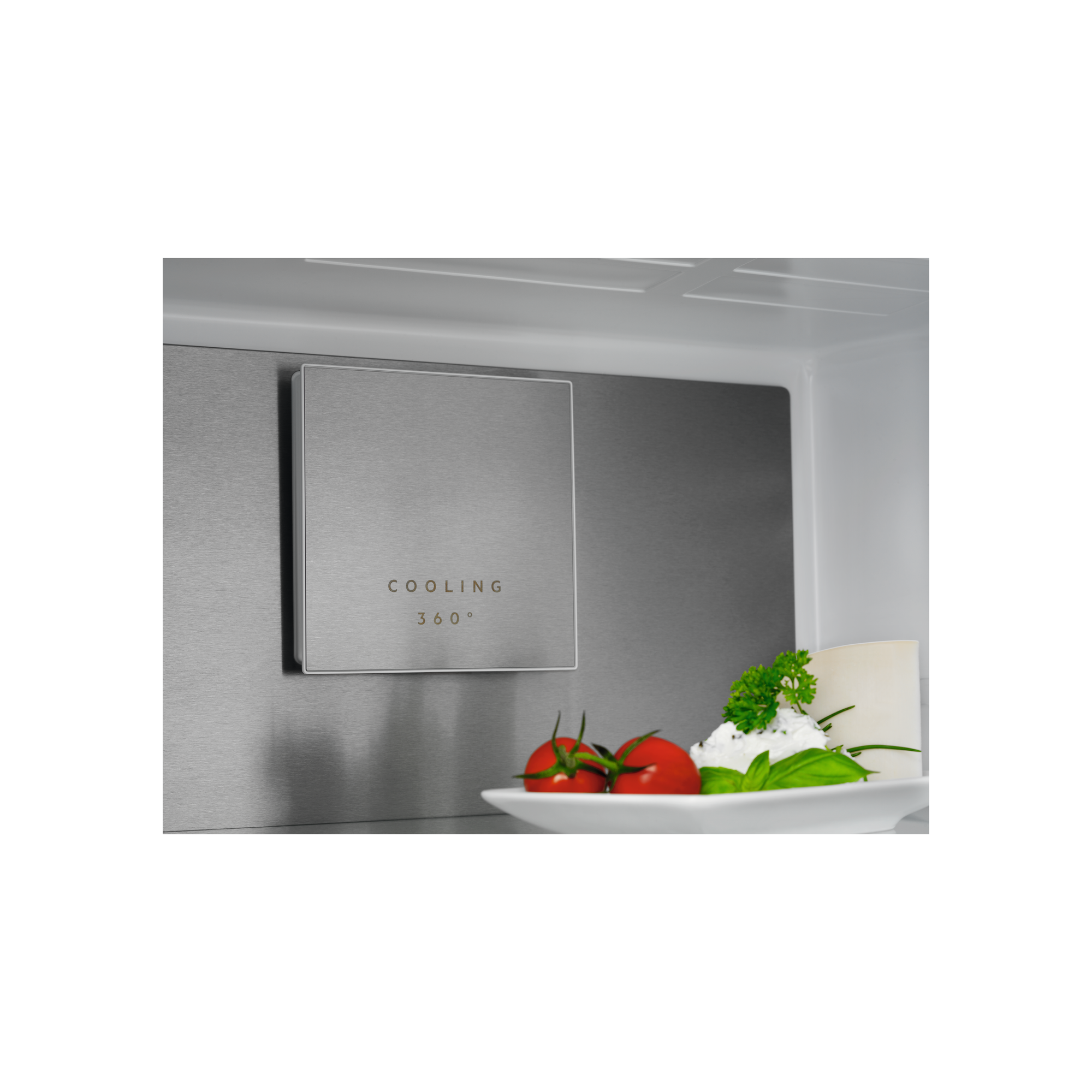 Primer plano del interior de un refrigerador. Un plato con tomates y vegetación está en primer plano.