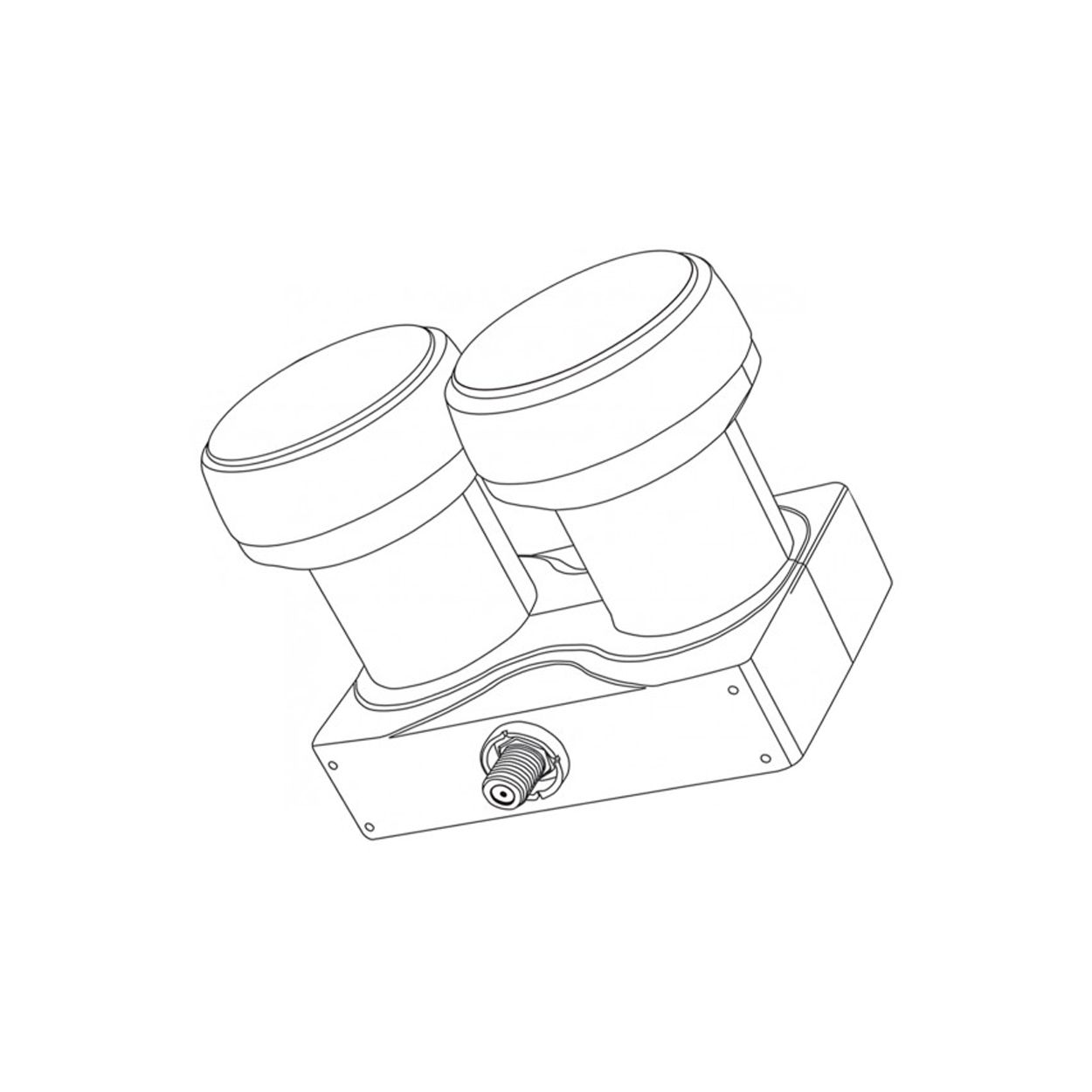 Zwei zylindrische LNBs auf quadratischer Basis, schwarz umrandet.