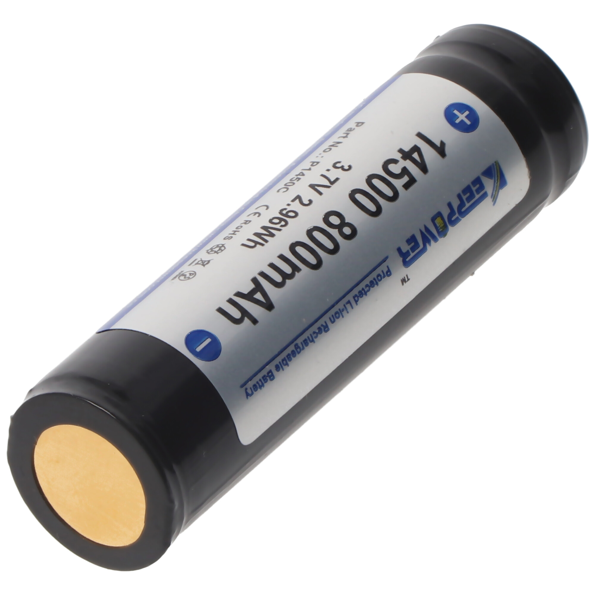 Schwarz-blaue Batterie mit weißem Etikett. Das Etikett enthält Text zu den Batteriespezifikationen.