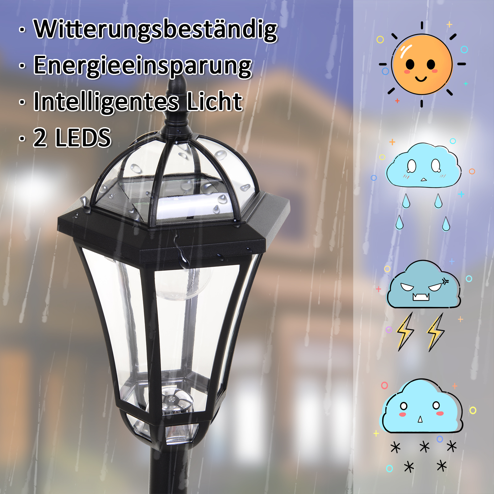 Außenlampe mit Illustrationen von Wetterbedingungen. Regen, Sonne, Wolke mit Blitz, Schnee.