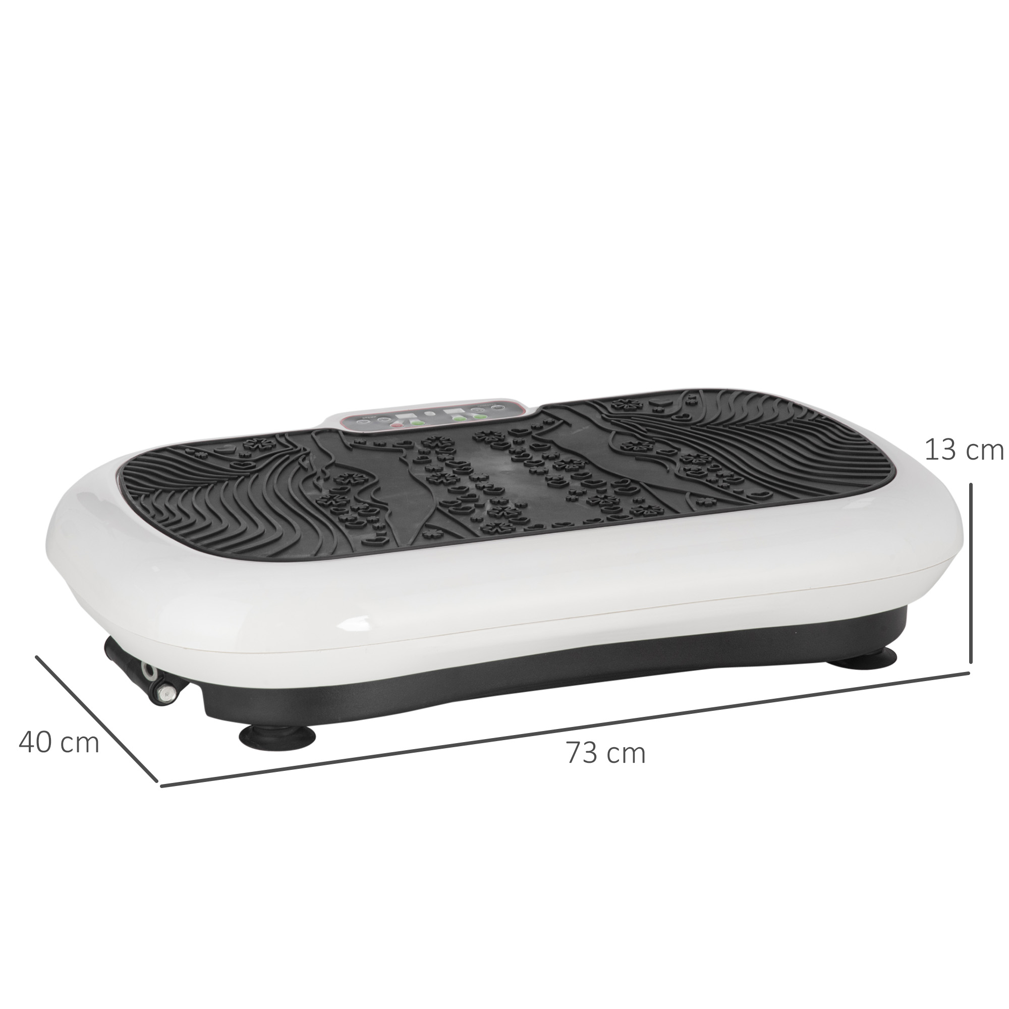 Vibrationsplatte, weiß mit schwarzer Oberseite. Abmessungen: 73 cm, 40 cm, 13 cm.
