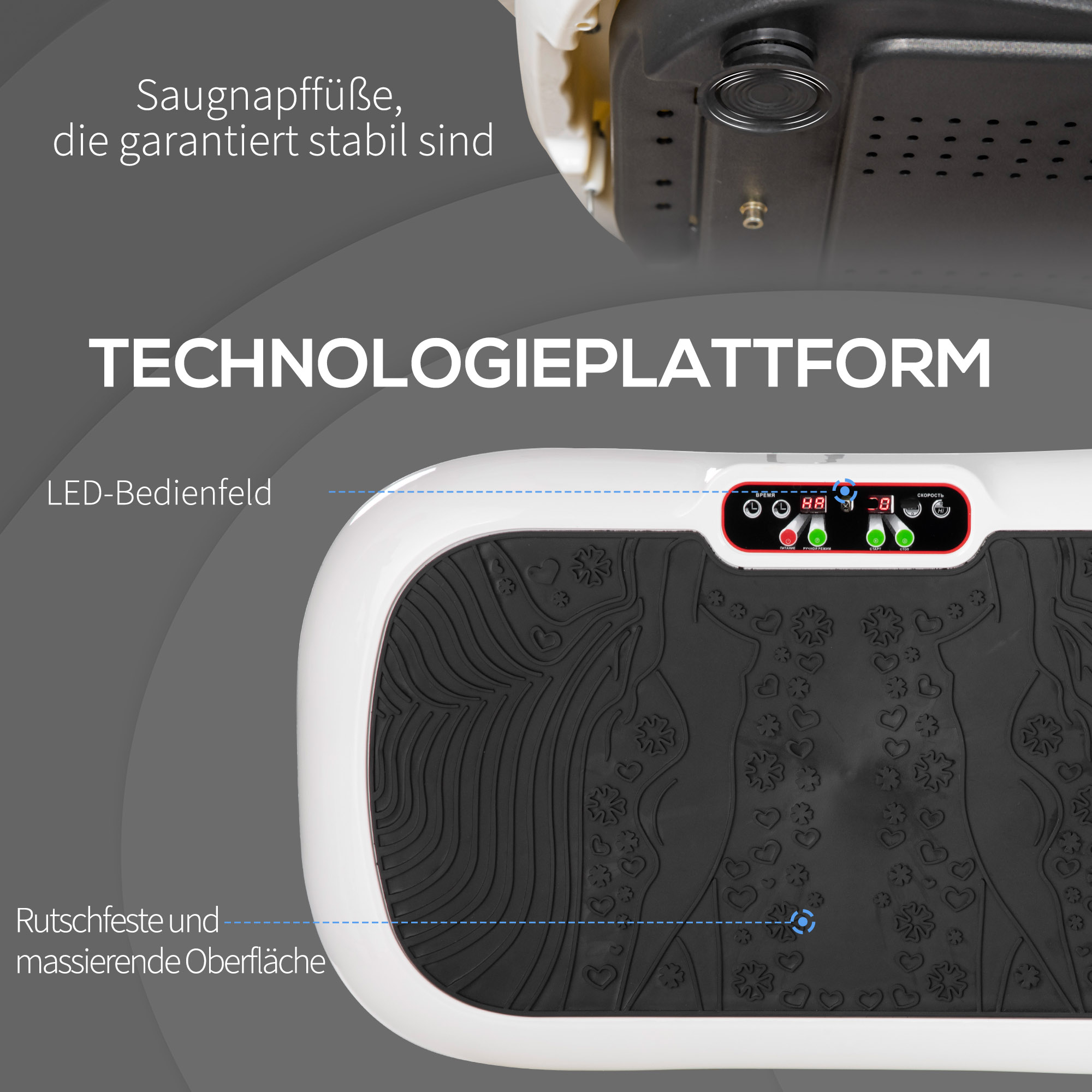 Eine Vibrationsplattenmaschine mit Bedienfeld mit schwarz-weißer Oberfläche.