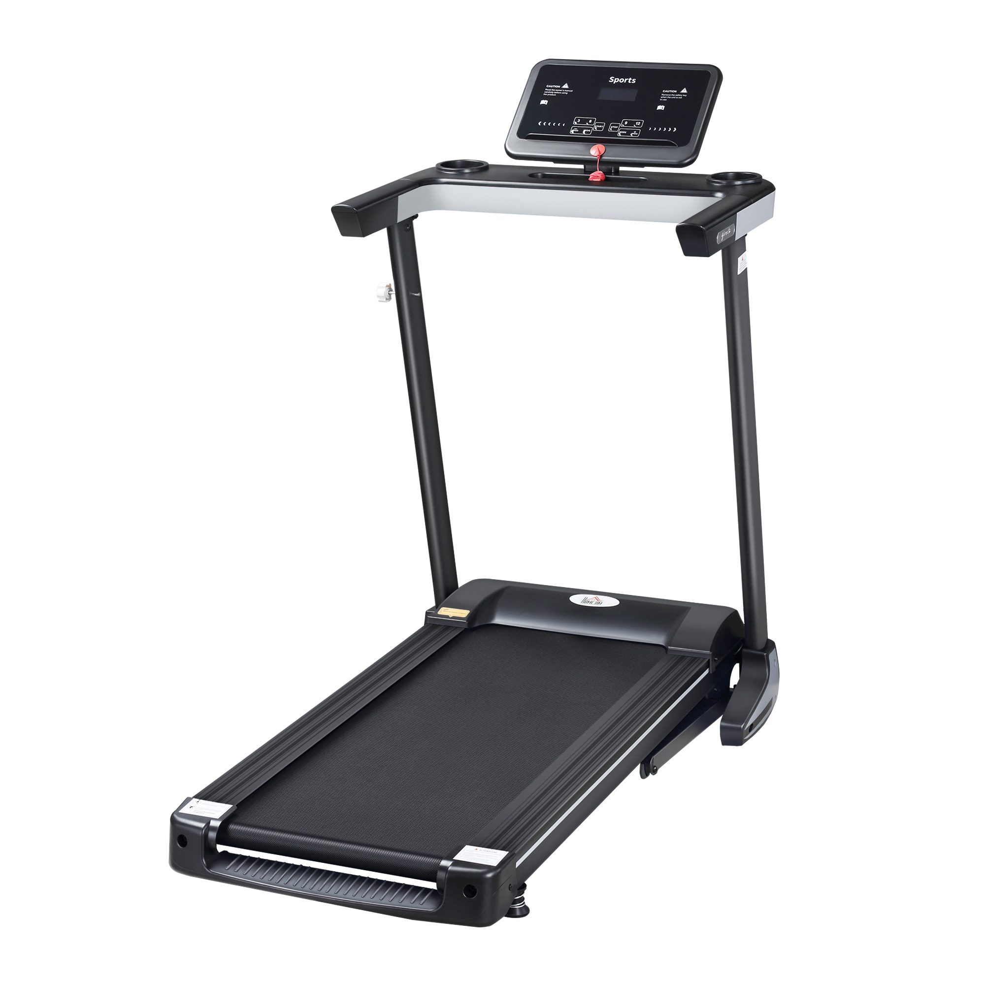 Un tapis roulant nero con display digitale, portabicchieri e funzioni di sicurezza, isolato su bianco.