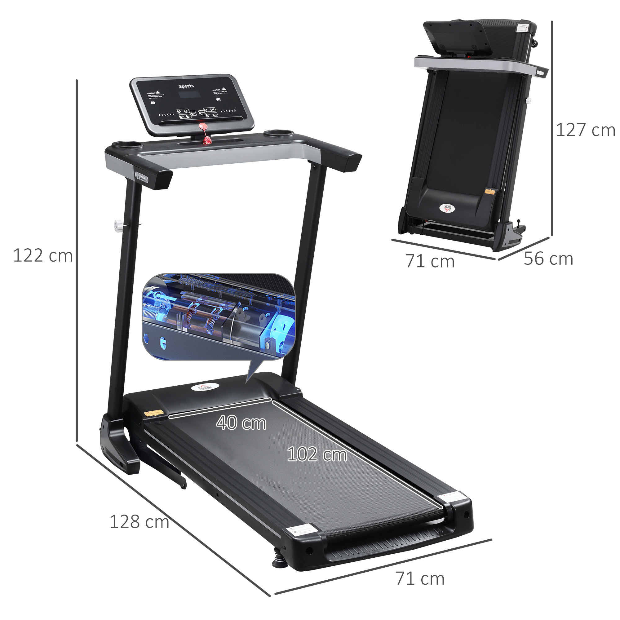 Un tapis roulant con dimensioni etichettate. Dispone di un display angolato, portabottiglie e vista piegata.