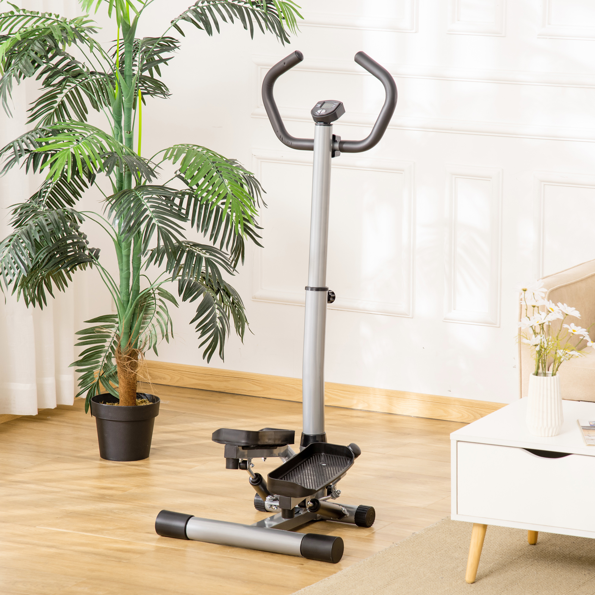 Eine Stepper-Maschine mit Display, Griffen und einer Pflanze im Hintergrund.