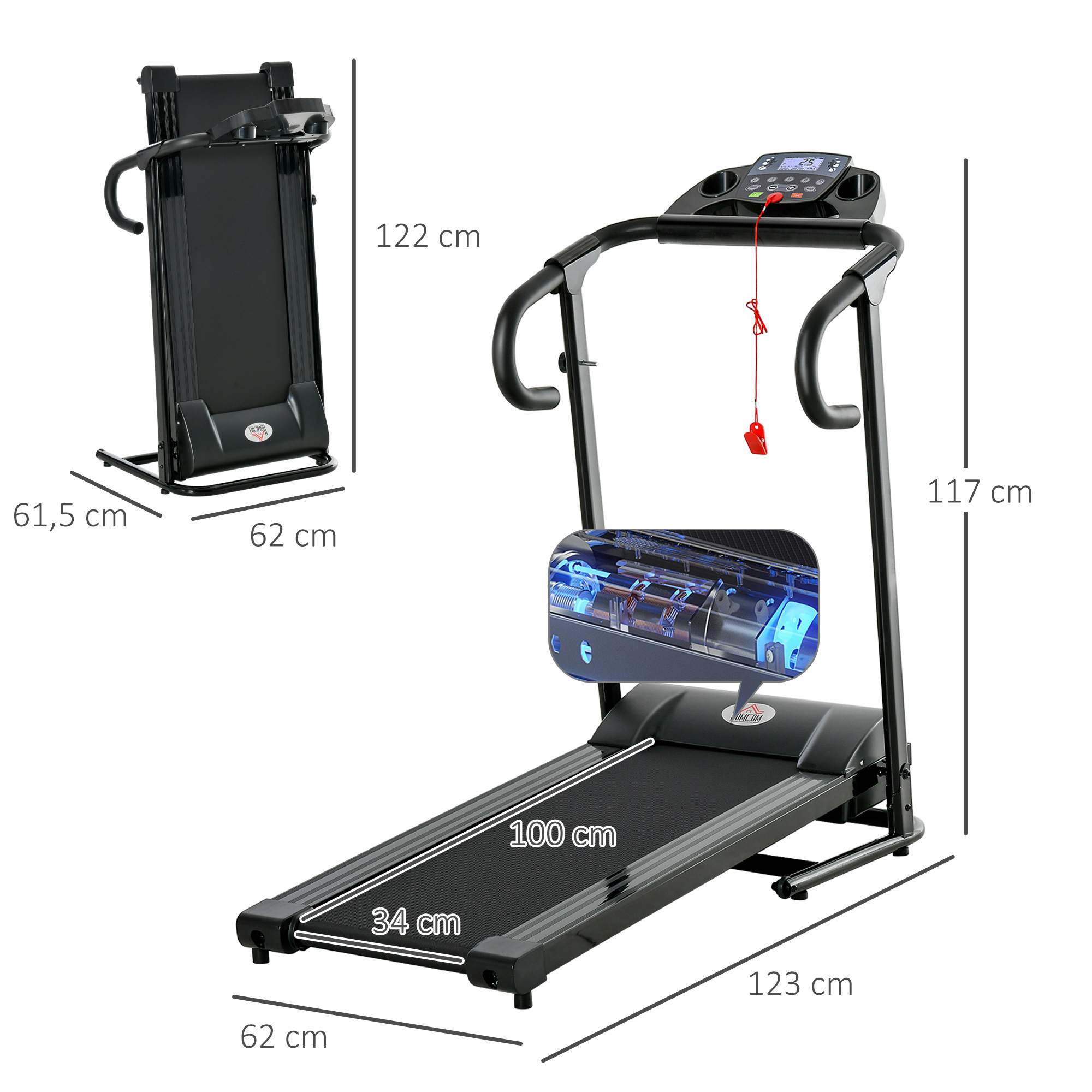 Ein Laufband mit Abmessungen und ein zusammengeklapptes. Schwarz mit Maßen in cm.