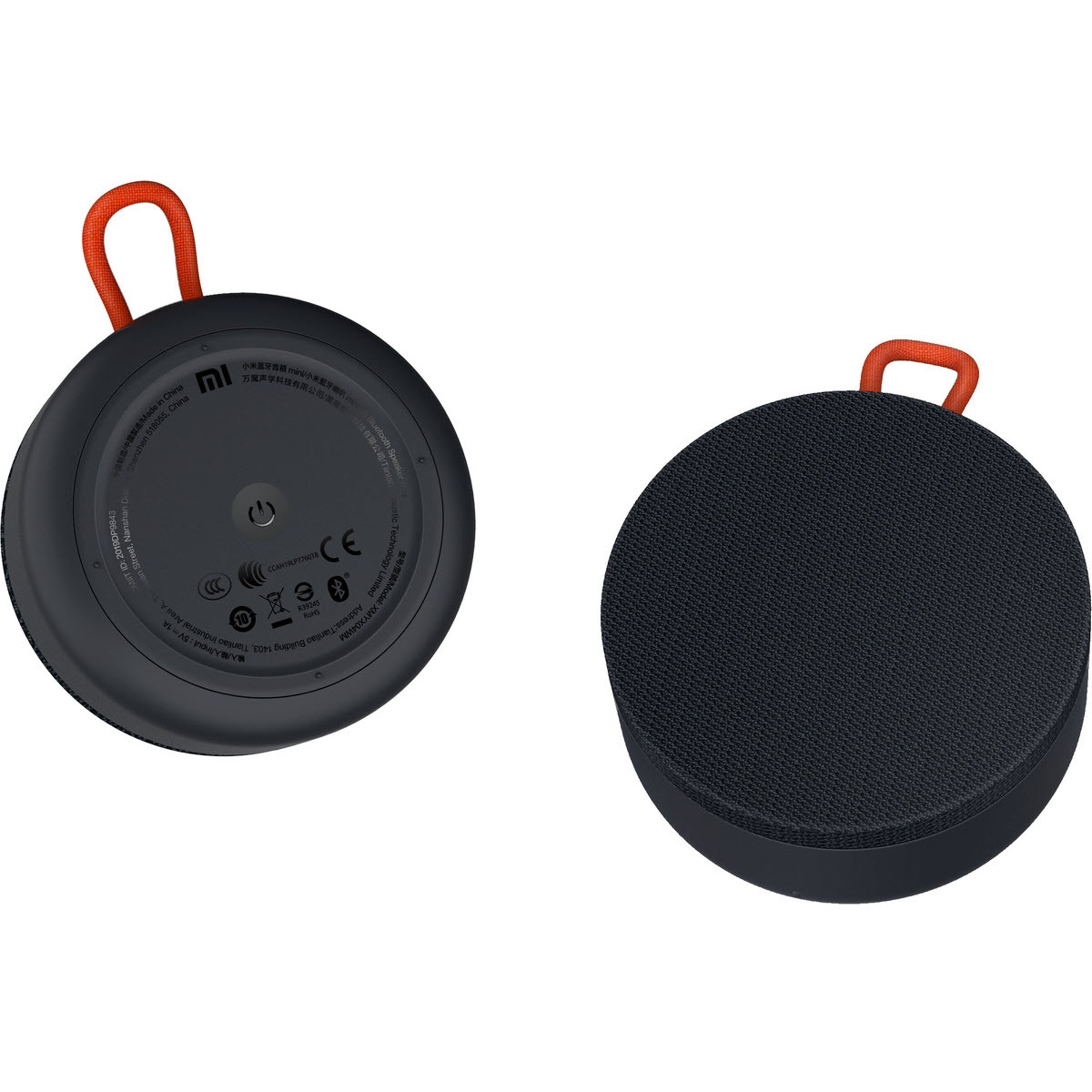 Altavoz Xiaomi negro. Redondo, arriba y abajo, correa roja, botón de encendido.