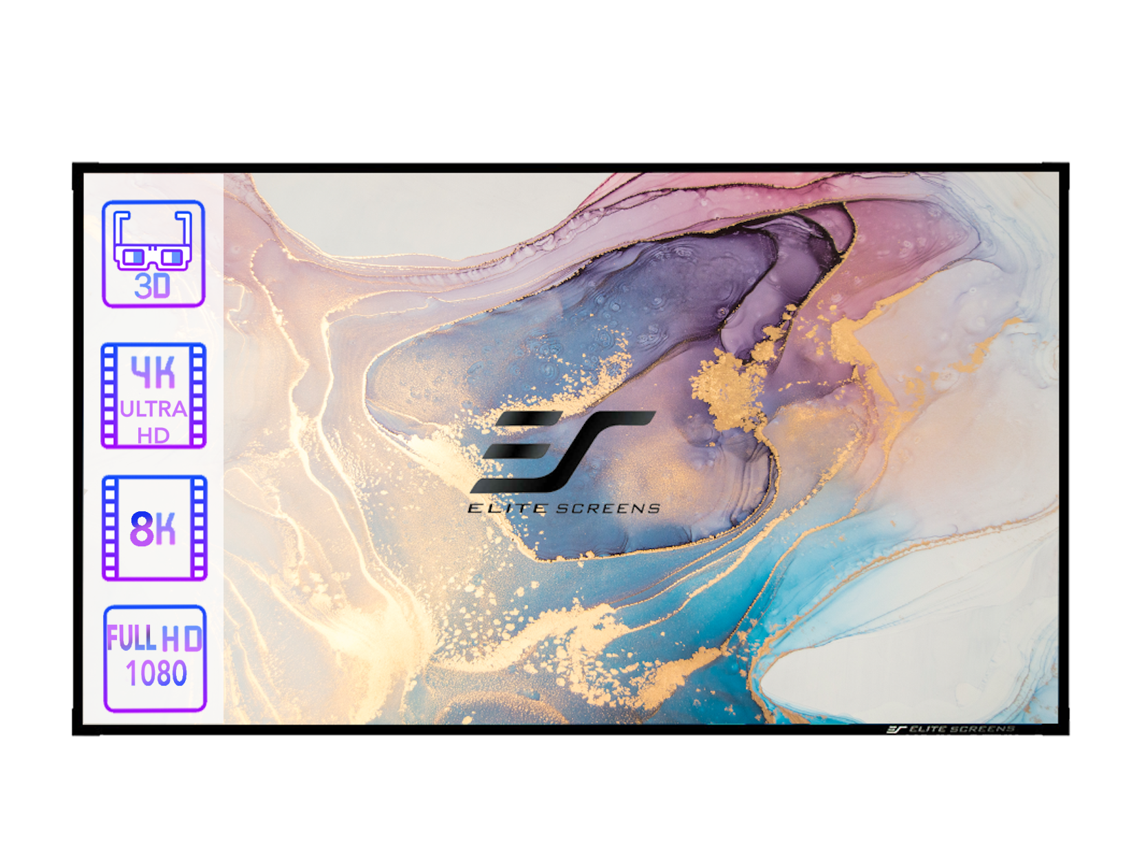 Ein Bildschirm mit dem Elite Screens Logo und Text zu 3D, 4K und 8K.
