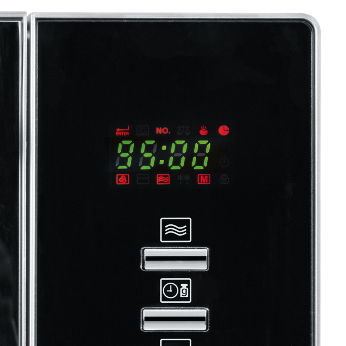 Zbliżenie na panel sterowania czarnej kuchenki mikrofalowej, pokazujące cyfrowy wyświetlacz i przyciski sterowania.