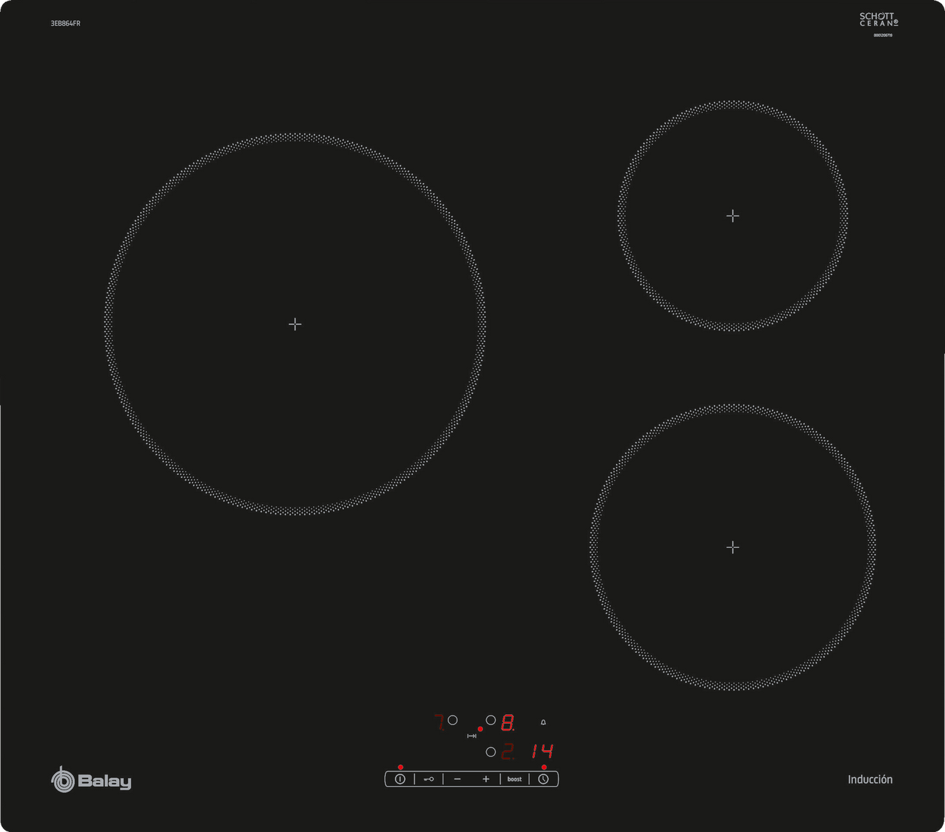 Czarna płyta indukcyjna z trzema okrągłymi palnikami. Sterowanie na dole.