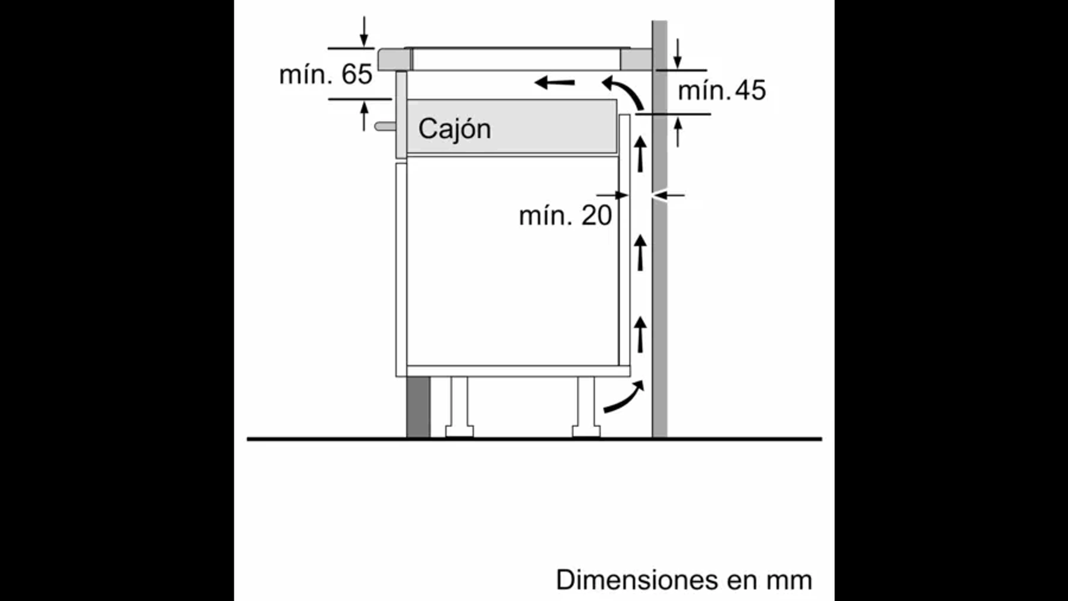 Diagram met afmetingen voor een lade, met tekst in het Spaans.