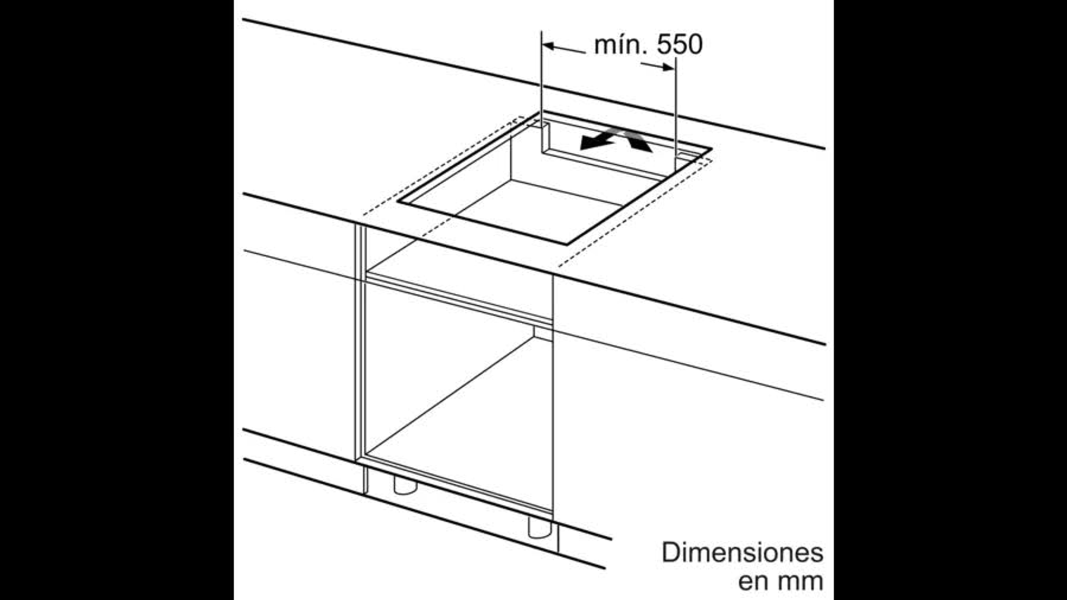 Diagram van een kookplaatuitsparing. Afmetingen in millimeters.